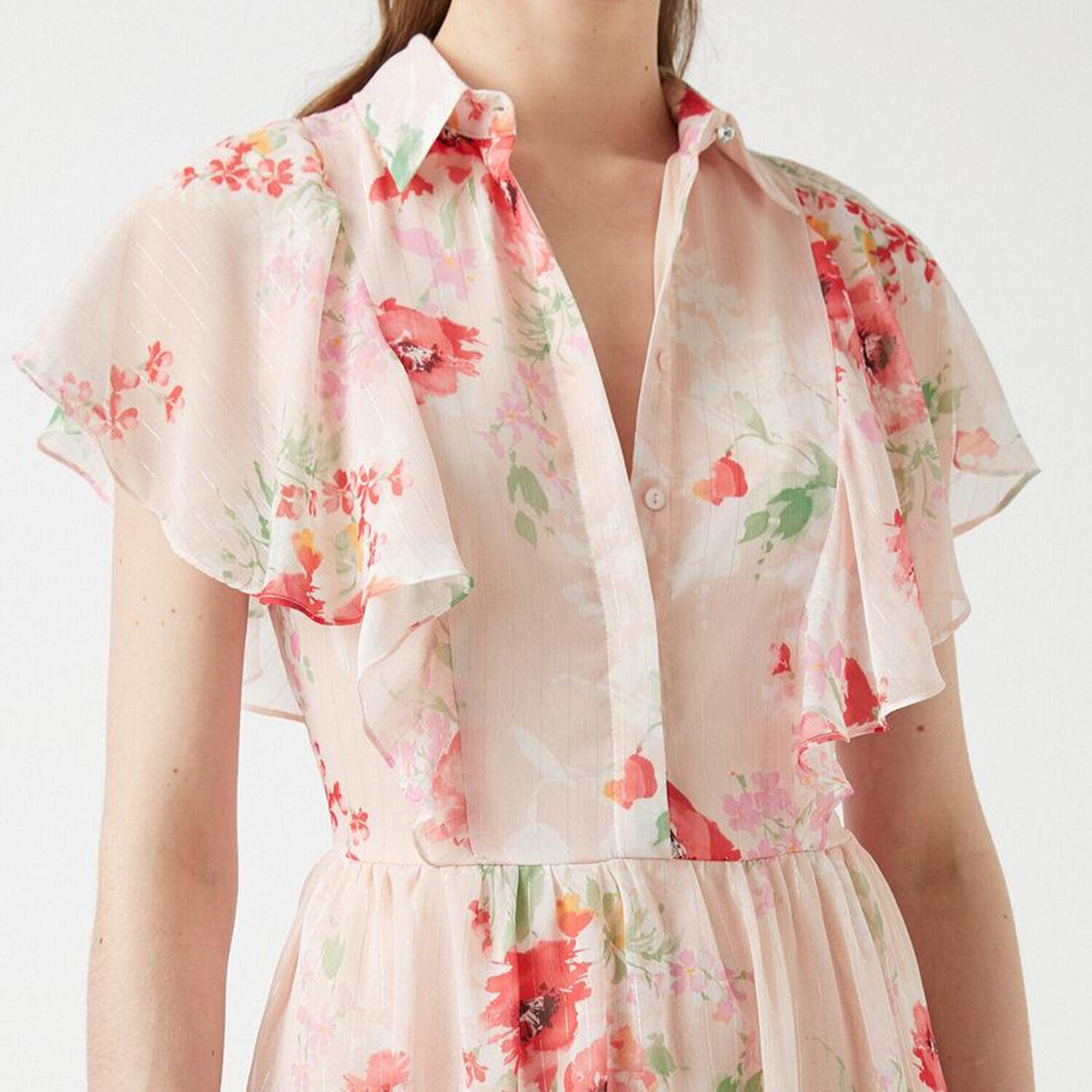 فستان ميدي شيفون بأكمام رفرافة وياقة وطبعة أزهار باللون الوردي للنساء من كوتون-women-clothing-dresses-image-4
