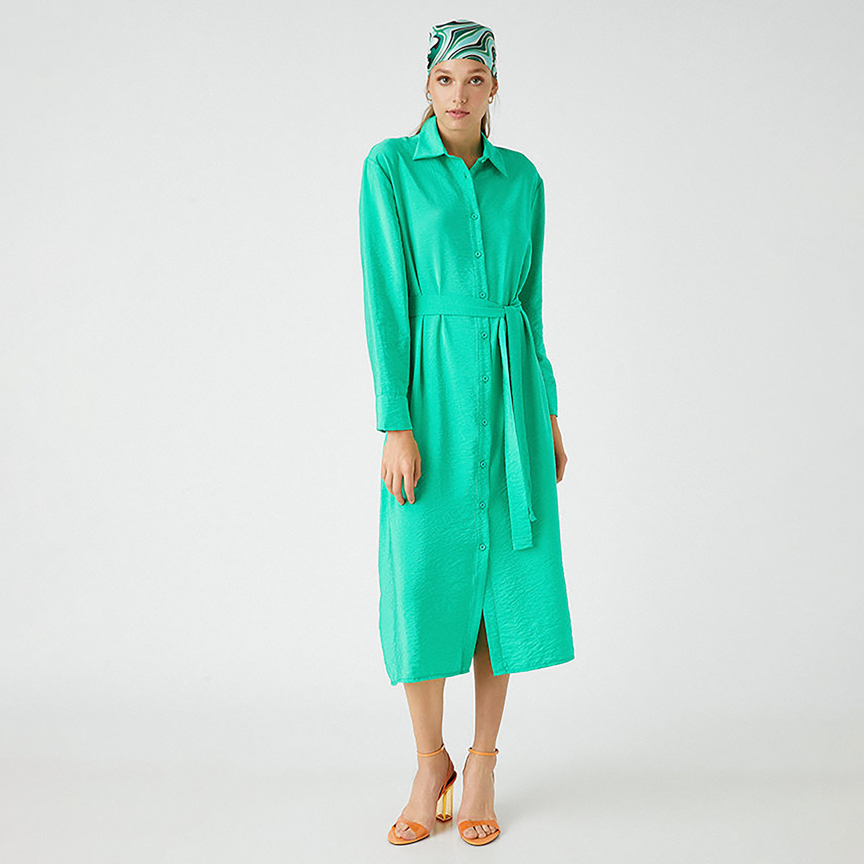 KOTON Green Collared Shirt Women's Midi Dress-women-clothing-dresses-image-1