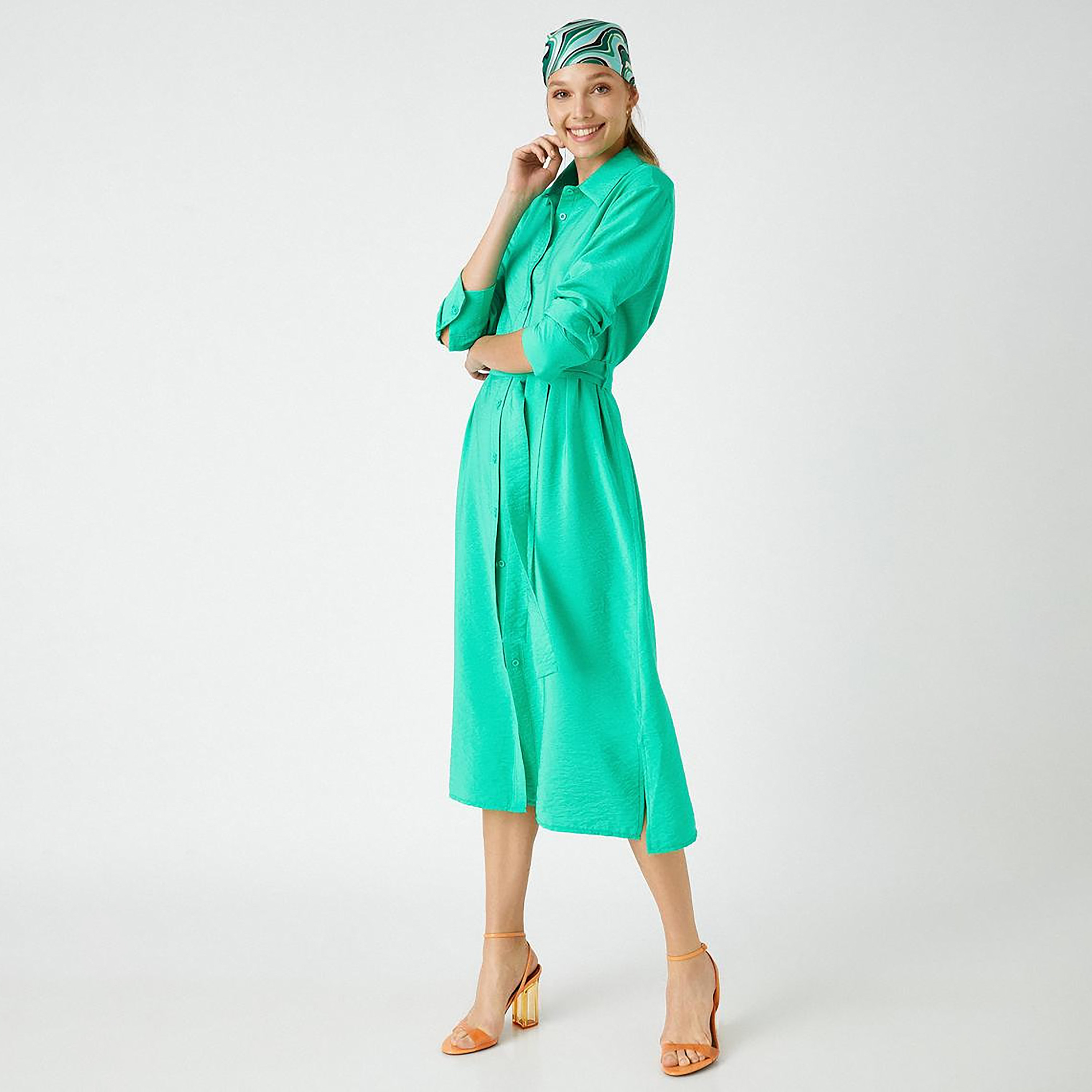 KOTON Green Collared Shirt Women's Midi Dress-women-clothing-dresses-image-2