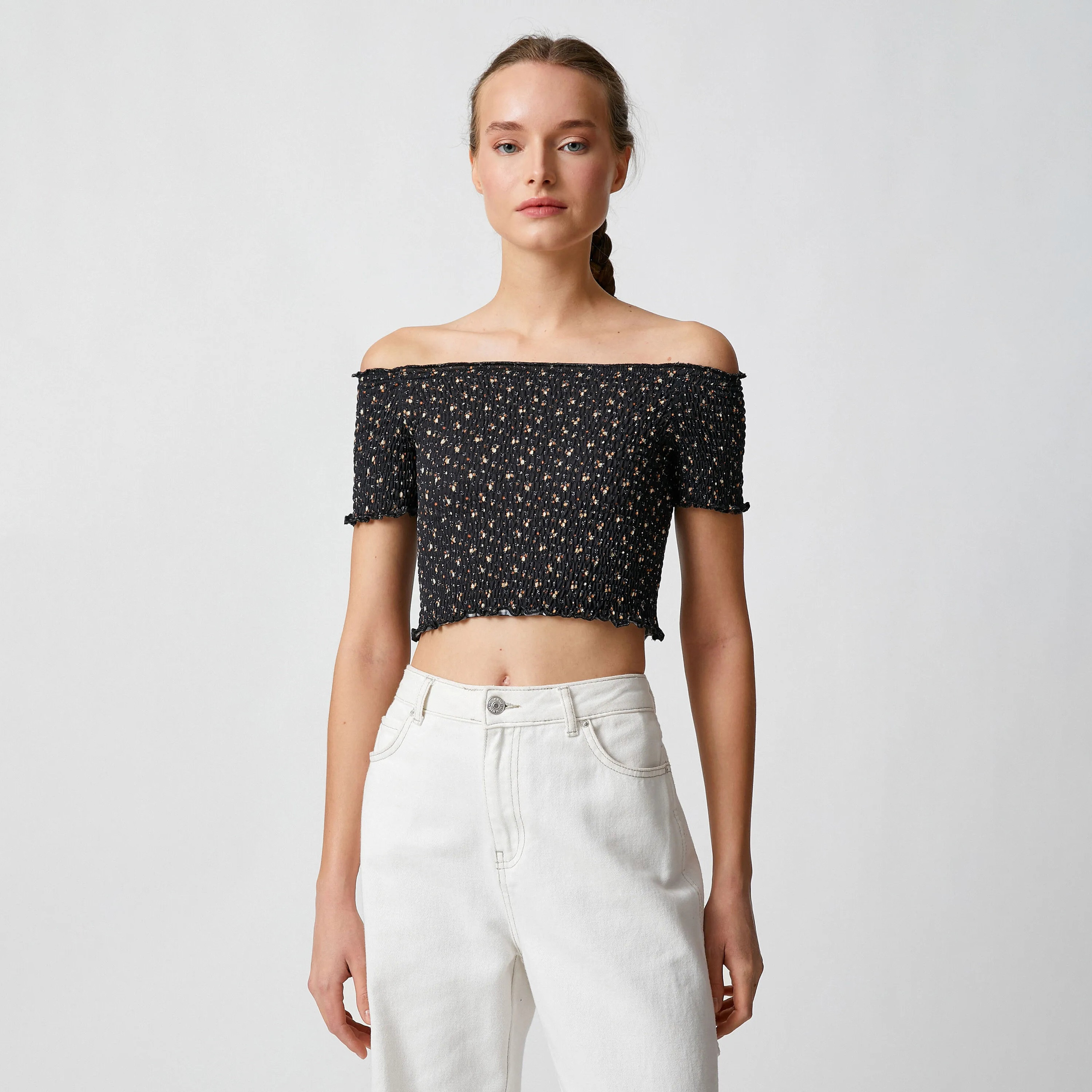 KOTON Black Ditsy Floral Off-Shoulder Women's Cropped Top-women-clothing-shirtsandblouses-blouses-image-1
