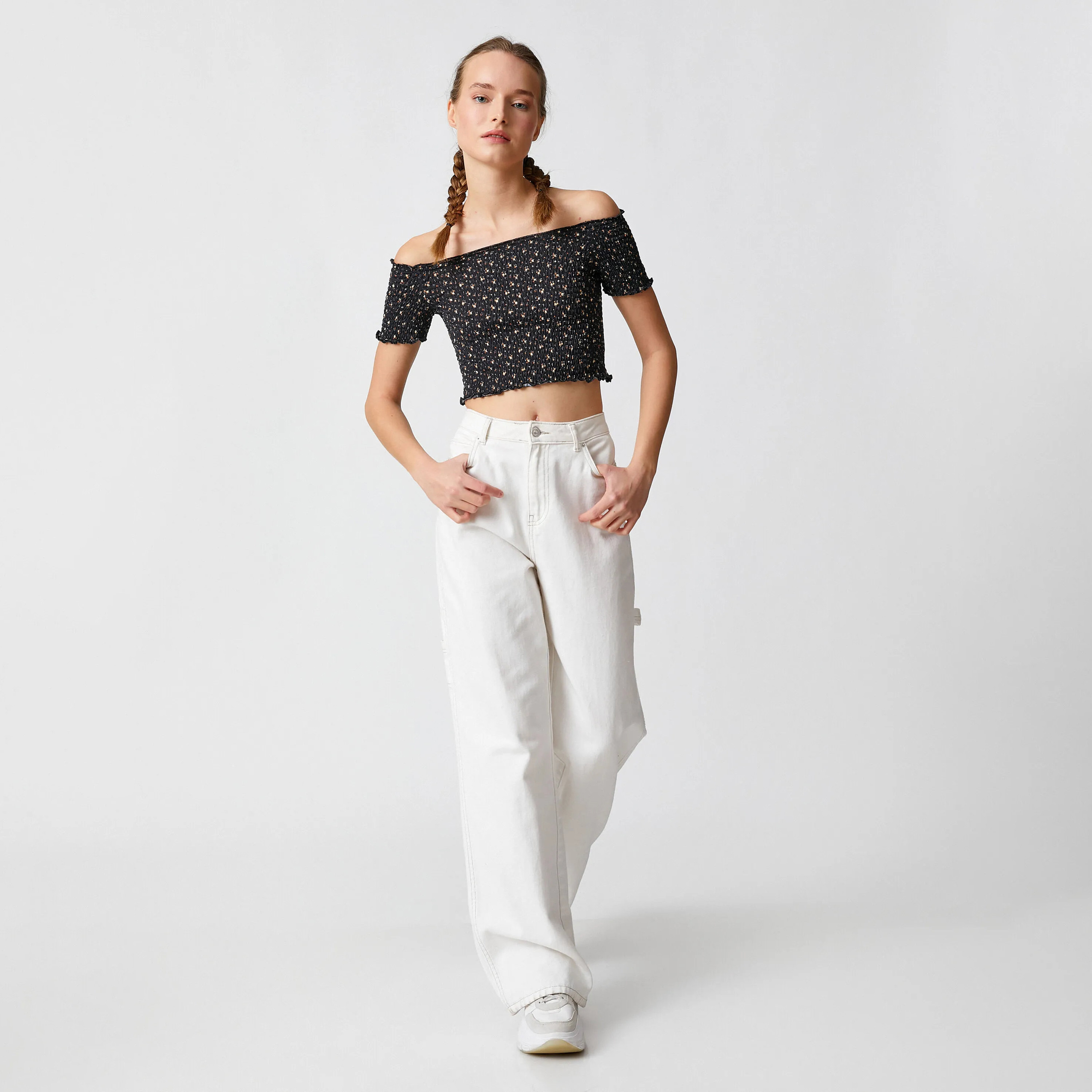 KOTON Black Ditsy Floral Off-Shoulder Women's Cropped Top-women-clothing-shirtsandblouses-blouses-image-2