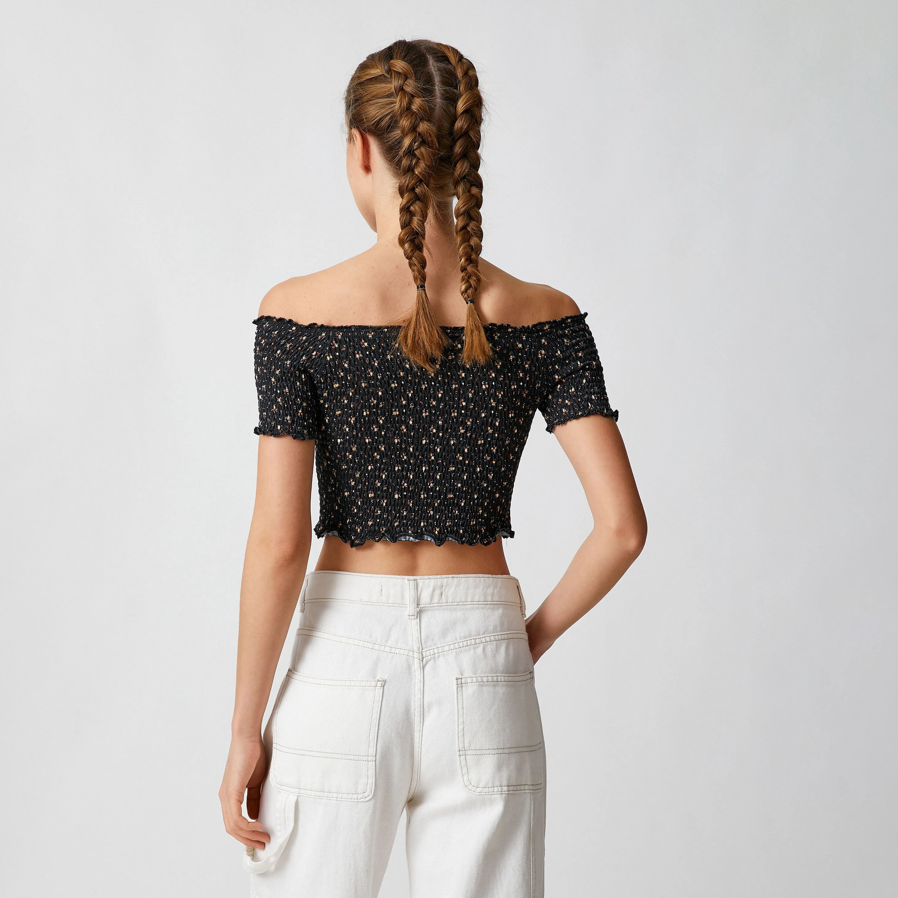 KOTON Black Ditsy Floral Off-Shoulder Women's Cropped Top-women-clothing-shirtsandblouses-blouses-image-3