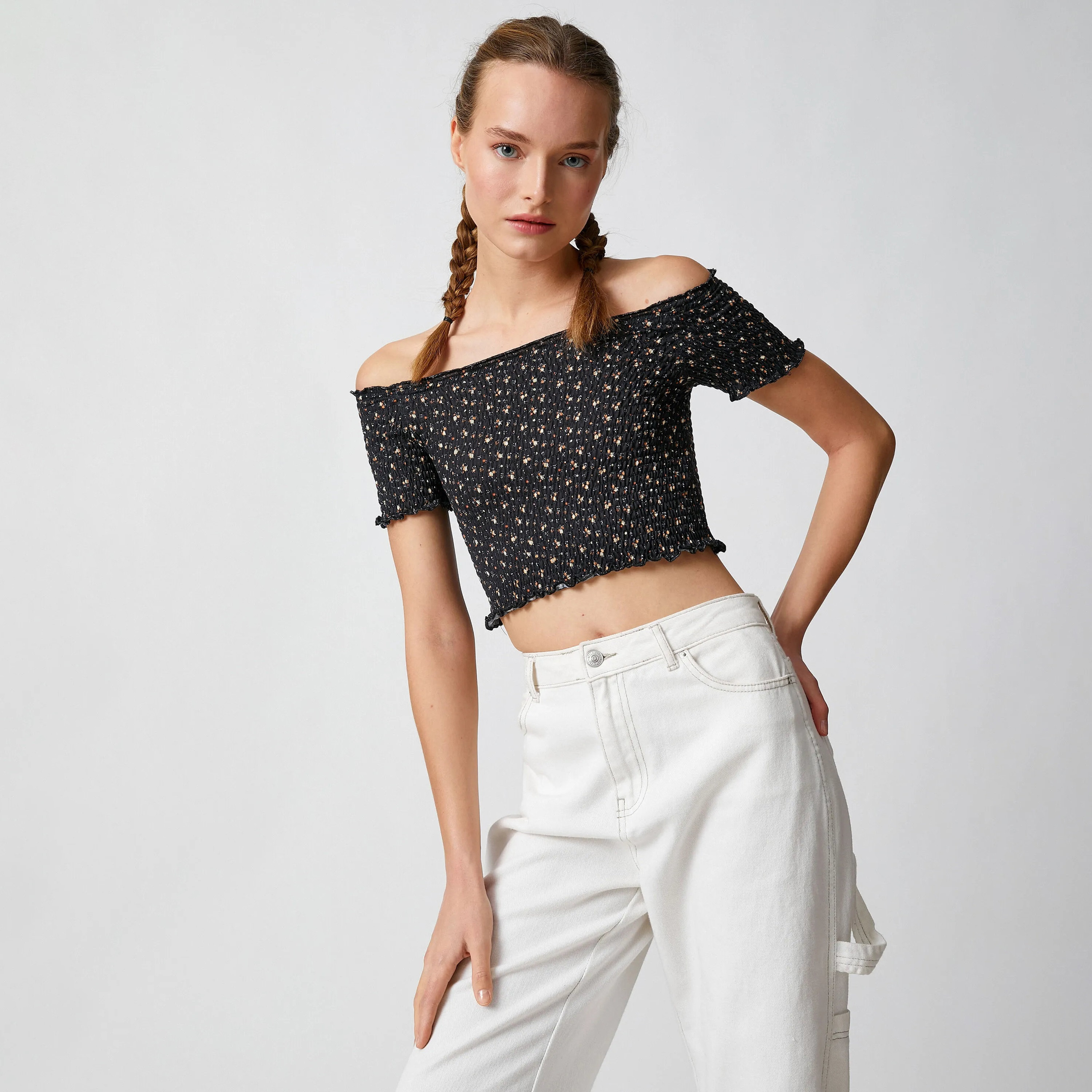 KOTON Black Ditsy Floral Off-Shoulder Women's Cropped Top-women-clothing-shirtsandblouses-blouses-image-4