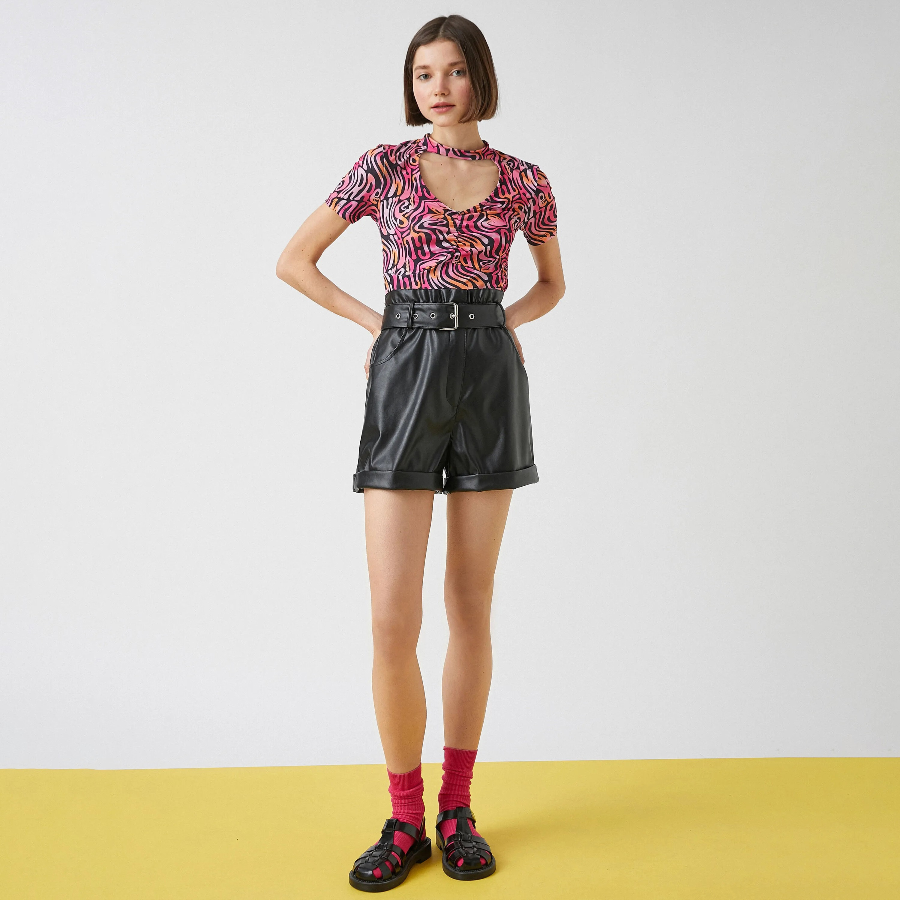 KOTON Pink Abstract Print Keyhole Neck Women's Top-women-clothing-shirtsandblouses-blouses-image-2