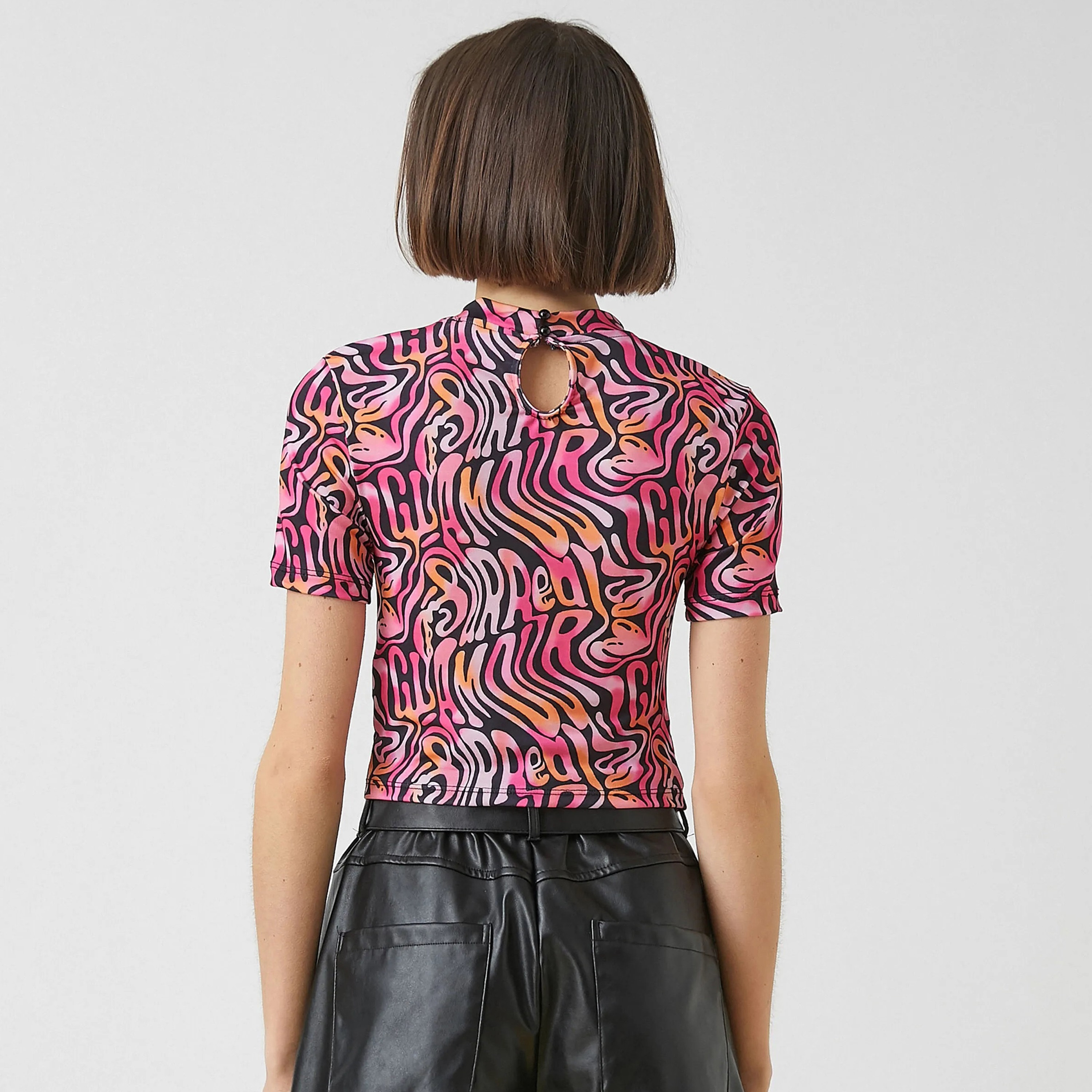 KOTON Pink Abstract Print Keyhole Neck Women's Top-women-clothing-shirtsandblouses-blouses-image-3