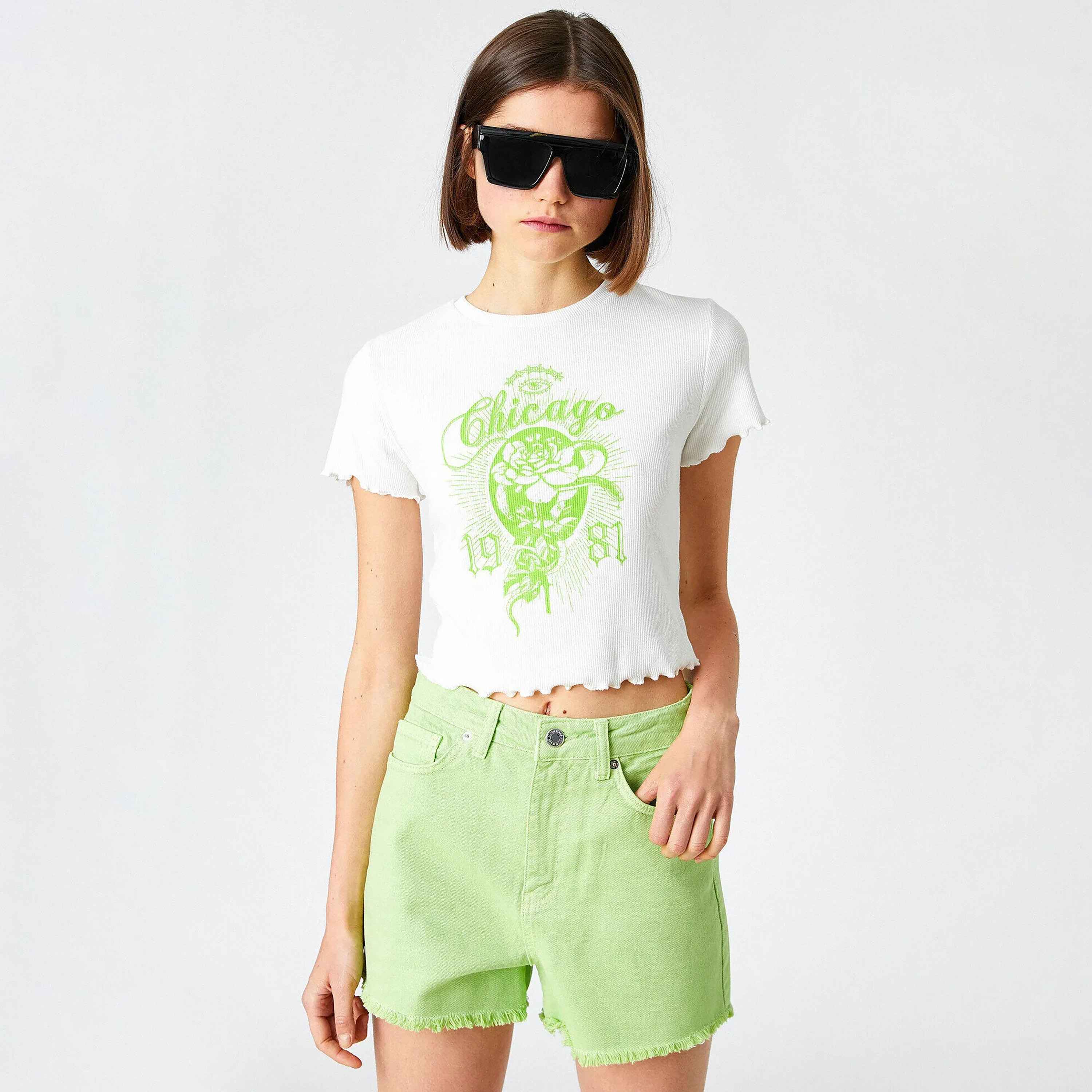 KOTON White Graphic Print Cotton Women's Cropped T-Shirt-women-clothing-tshirts-image-1