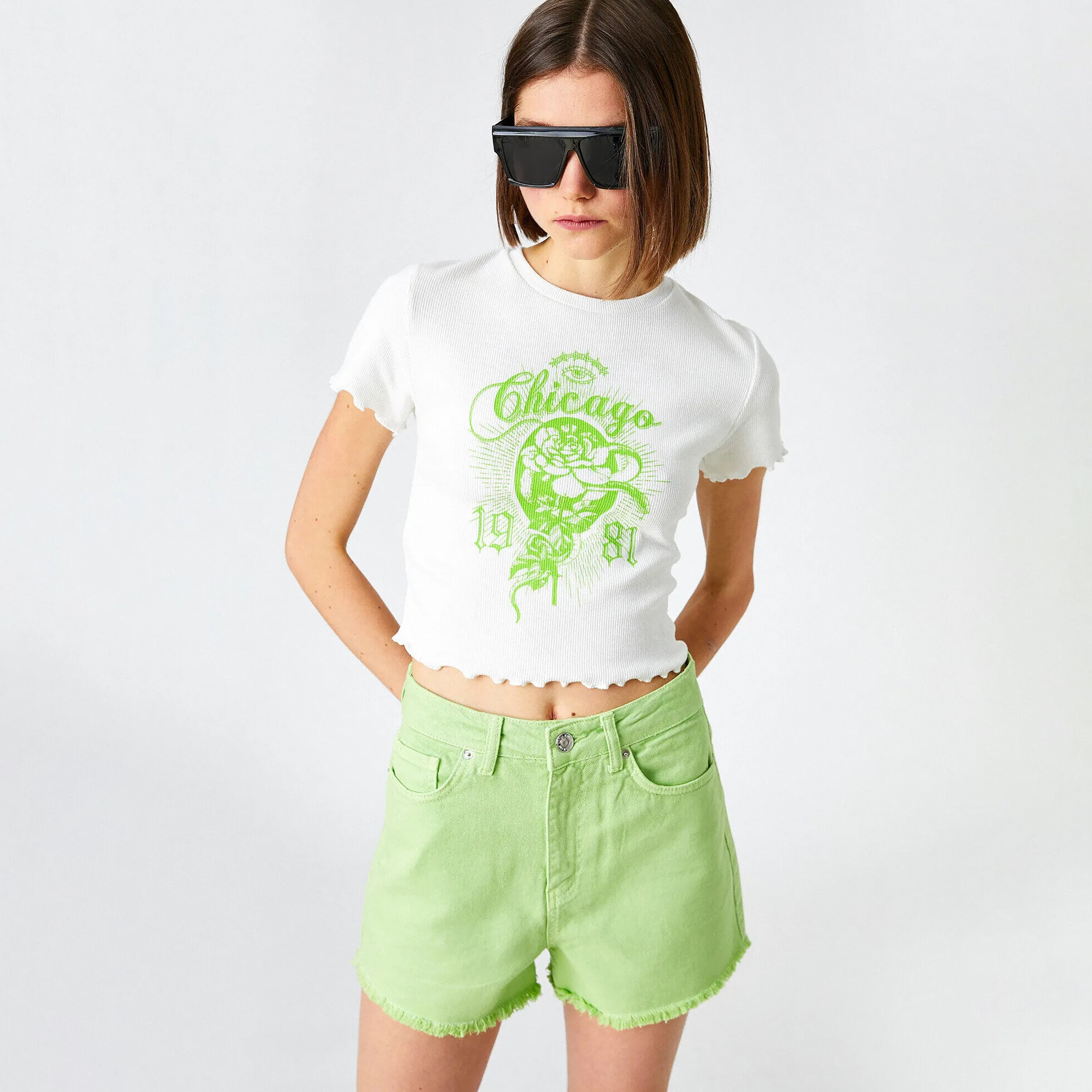 KOTON White Graphic Print Cotton Women's Cropped T-Shirt-women-clothing-tshirts-image-2