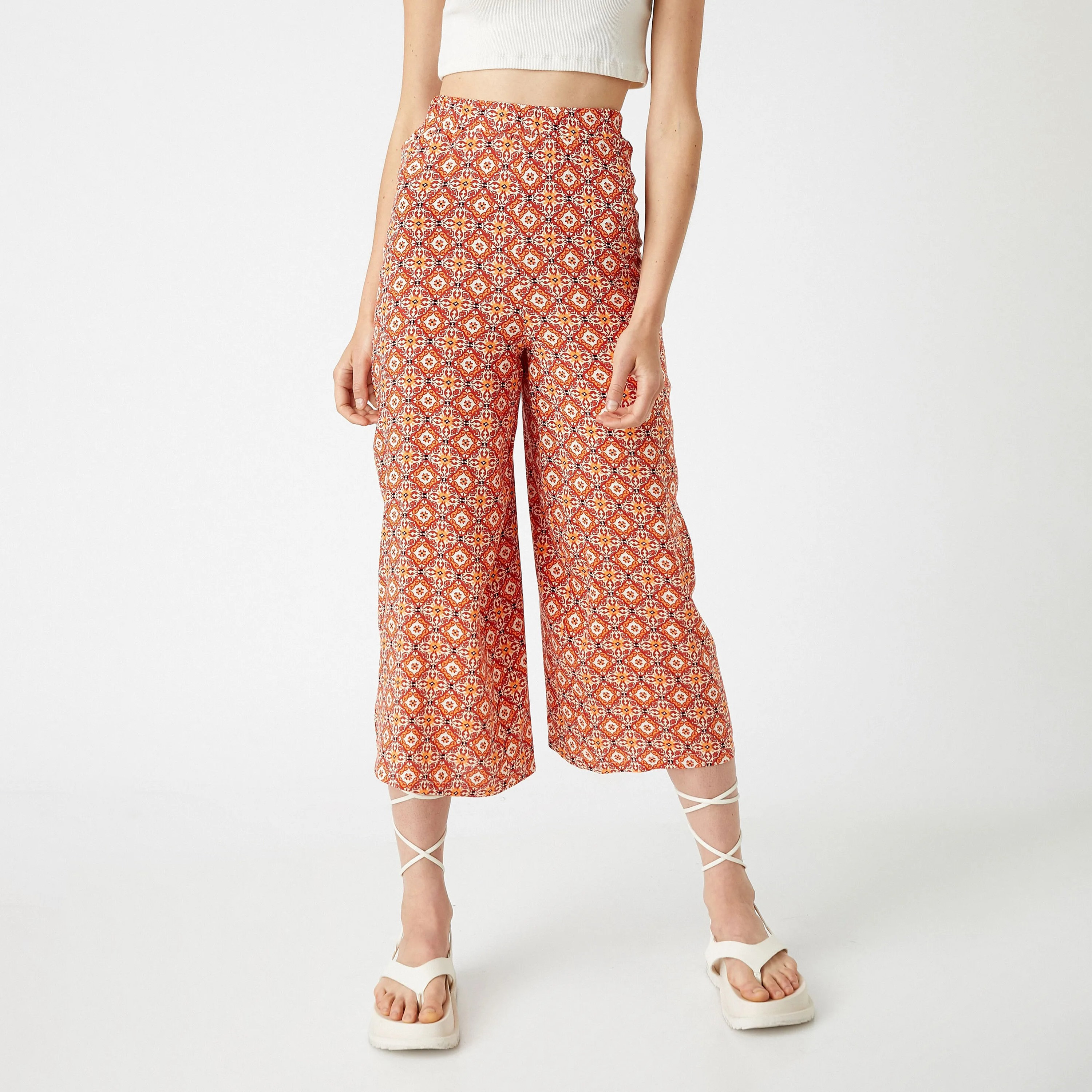KOTON Regular Fit High-Rise Elasticated Waist Women's Wide-Leg Culottes-women-clothing-trousers-image-1