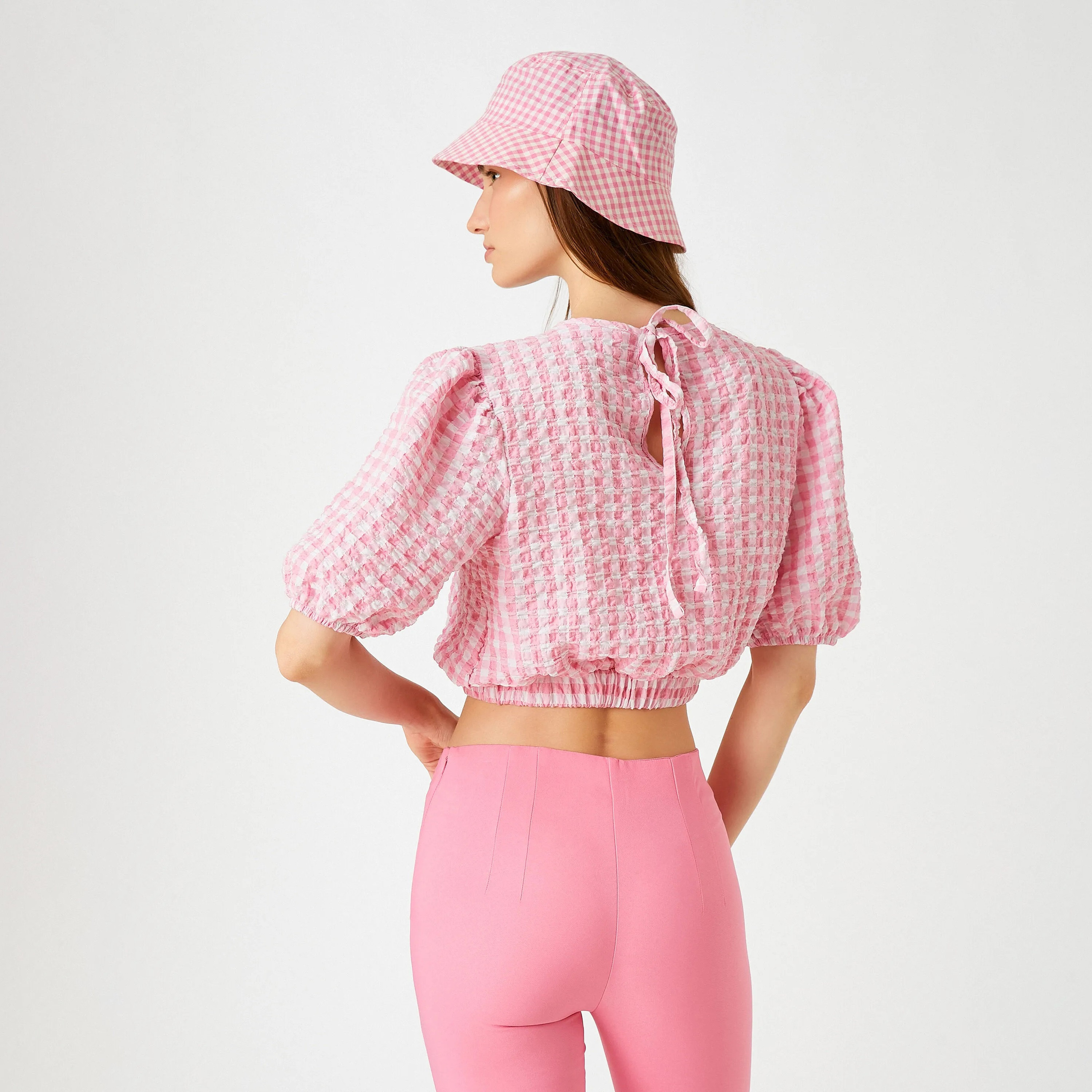 KOTON Pink Checked Poplin Puff Sleeves Women's Cropped Top-women-clothing-shirtsandblouses-blouses-image-3