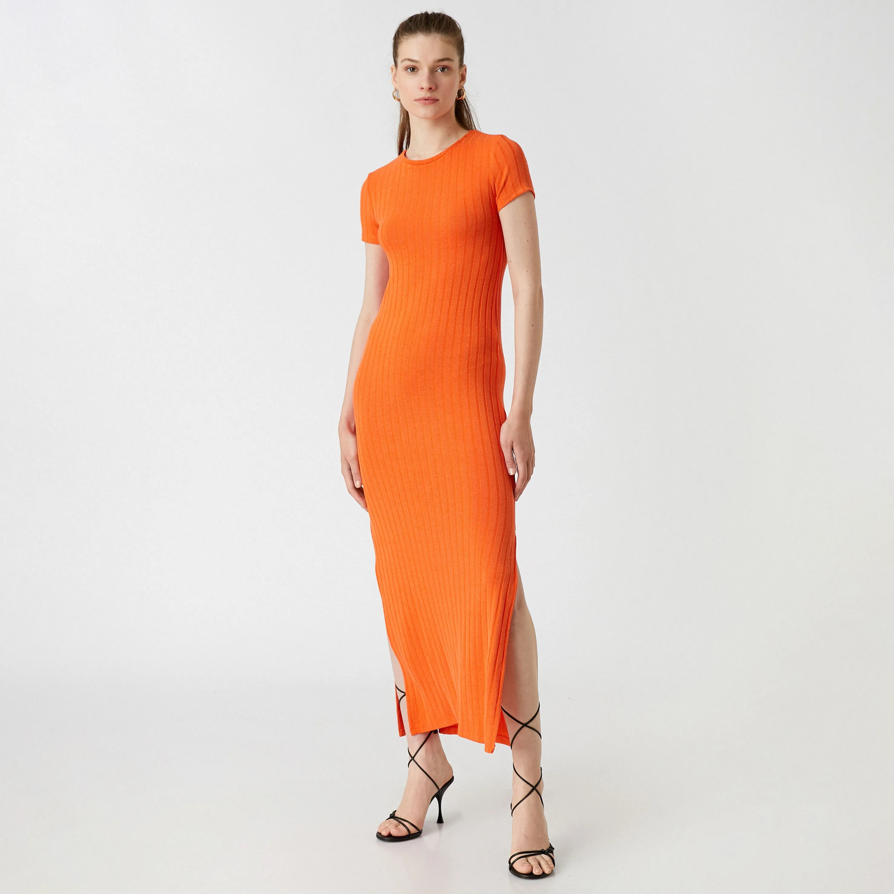KOTON Orange Ribbed Column Women's Midi Dress-women-clothing-dresses-image-1