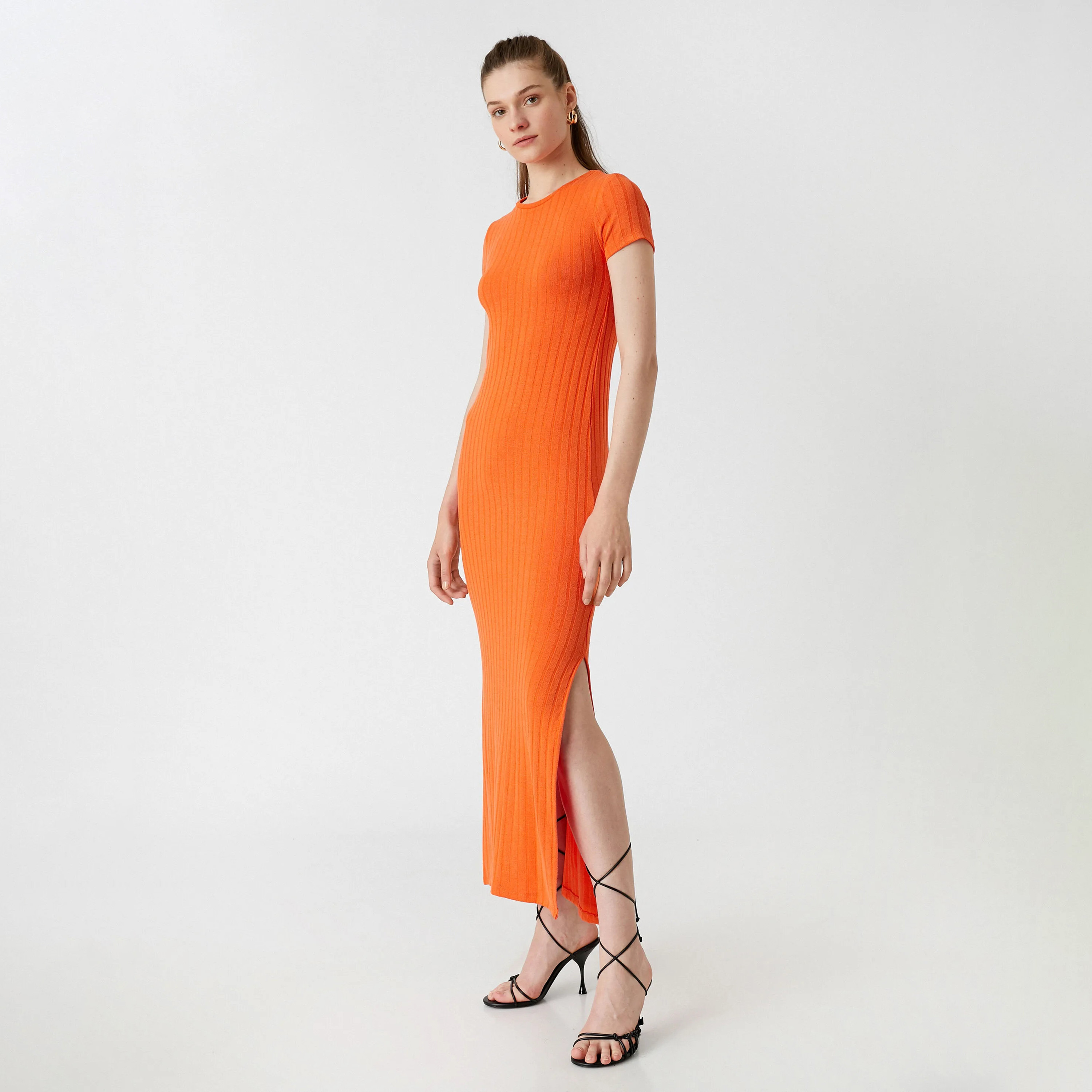 KOTON Orange Ribbed Column Women's Midi Dress-women-clothing-dresses-image-2