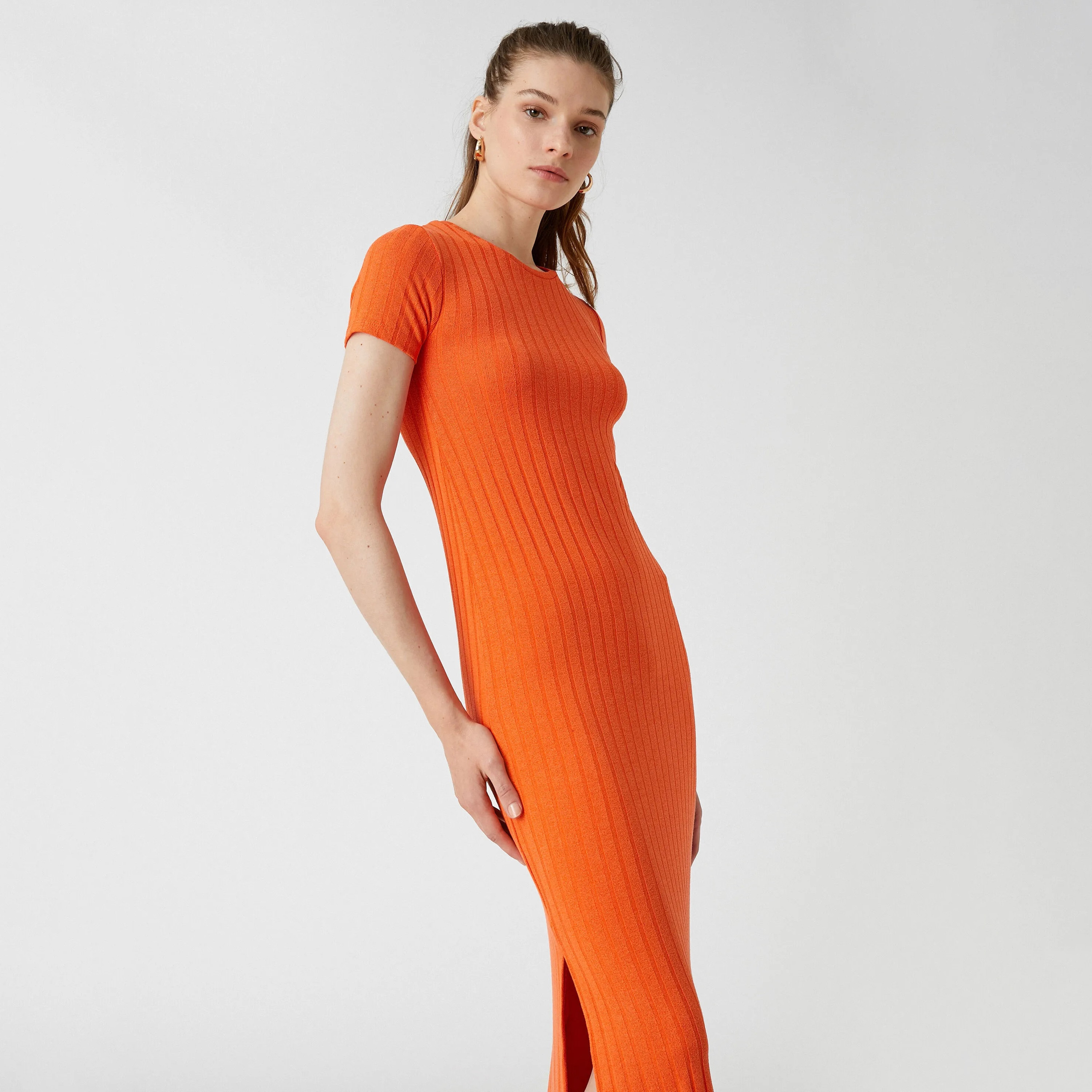 KOTON Orange Ribbed Column Women's Midi Dress-women-clothing-dresses-image-4