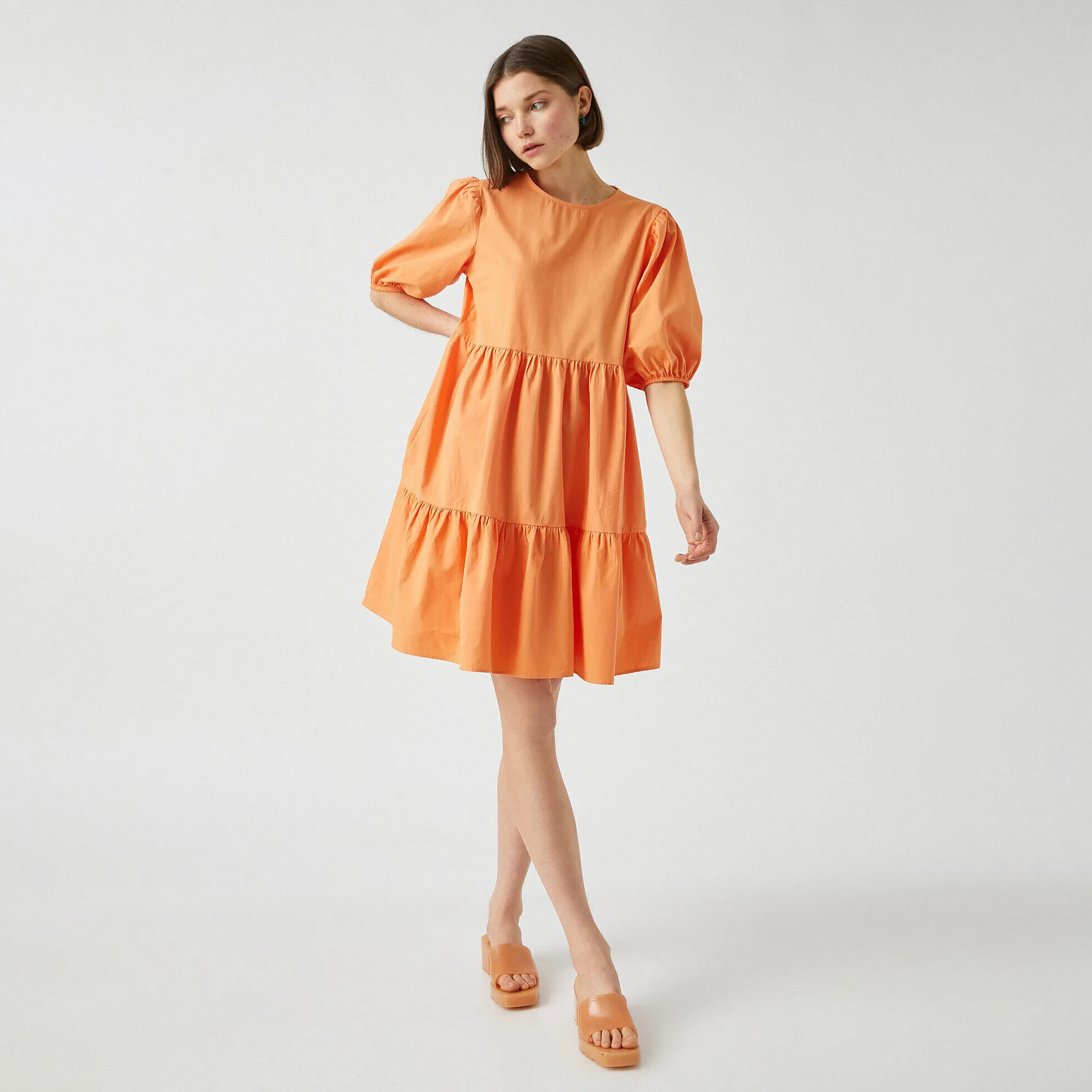 KOTON Orange Puff Sleeves Fit & Flared Women's Mini Dress-women-clothing-dresses-image-1