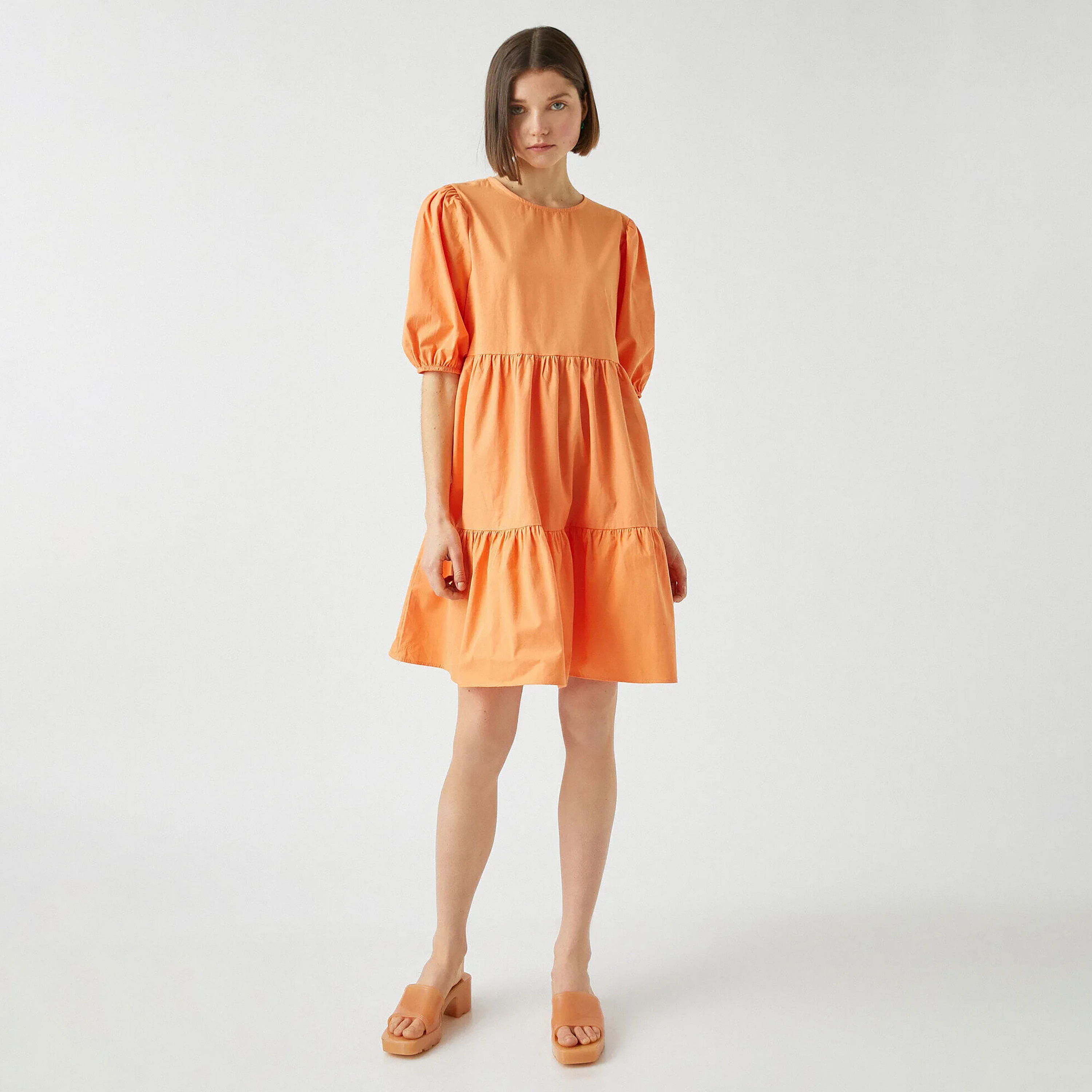 KOTON Orange Puff Sleeves Fit & Flared Women's Mini Dress-women-clothing-dresses-image-2