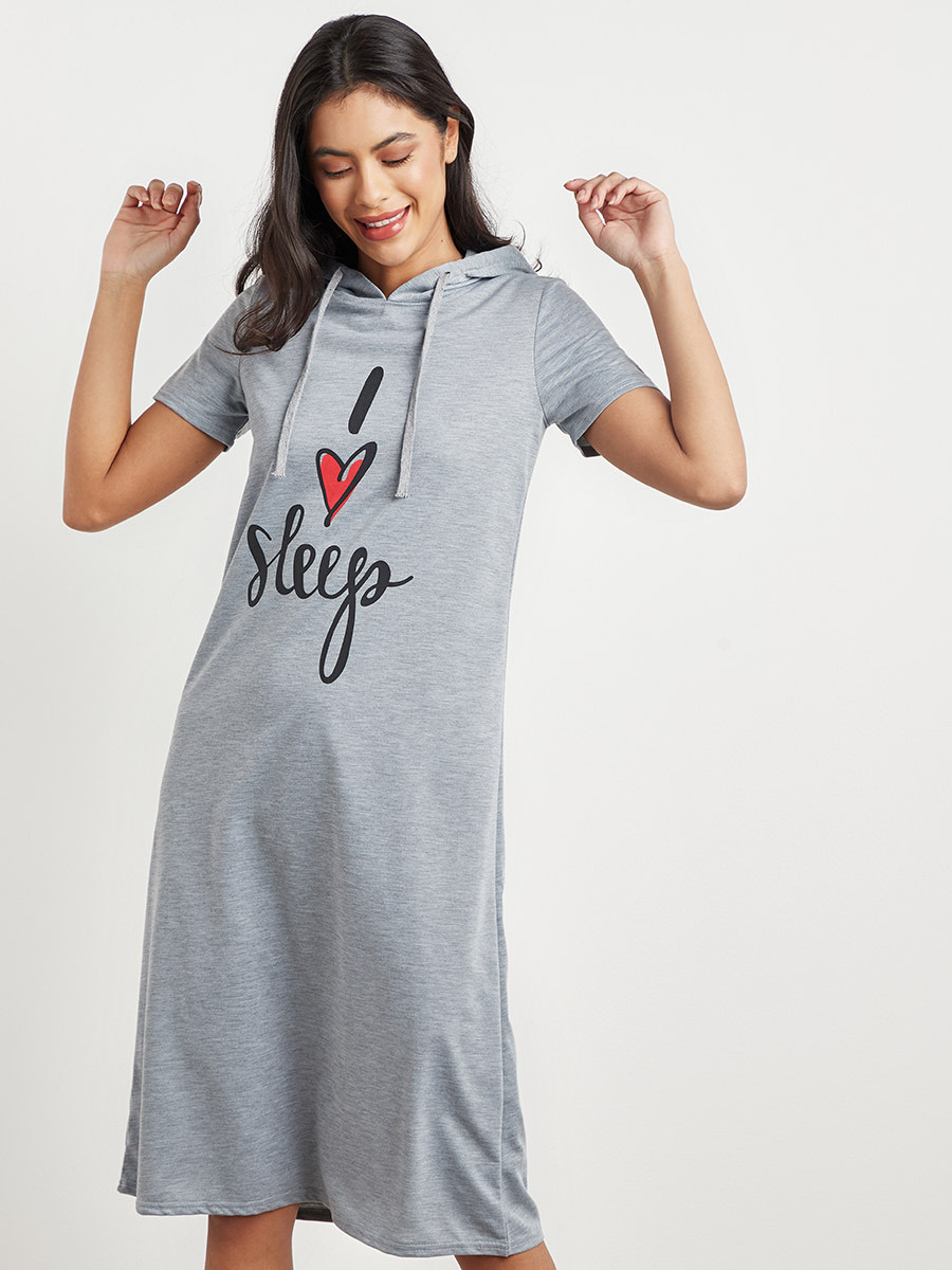 Styli Slogan Printed Hooded Nightdress-women-clothing-nightwear-nighties-image-1