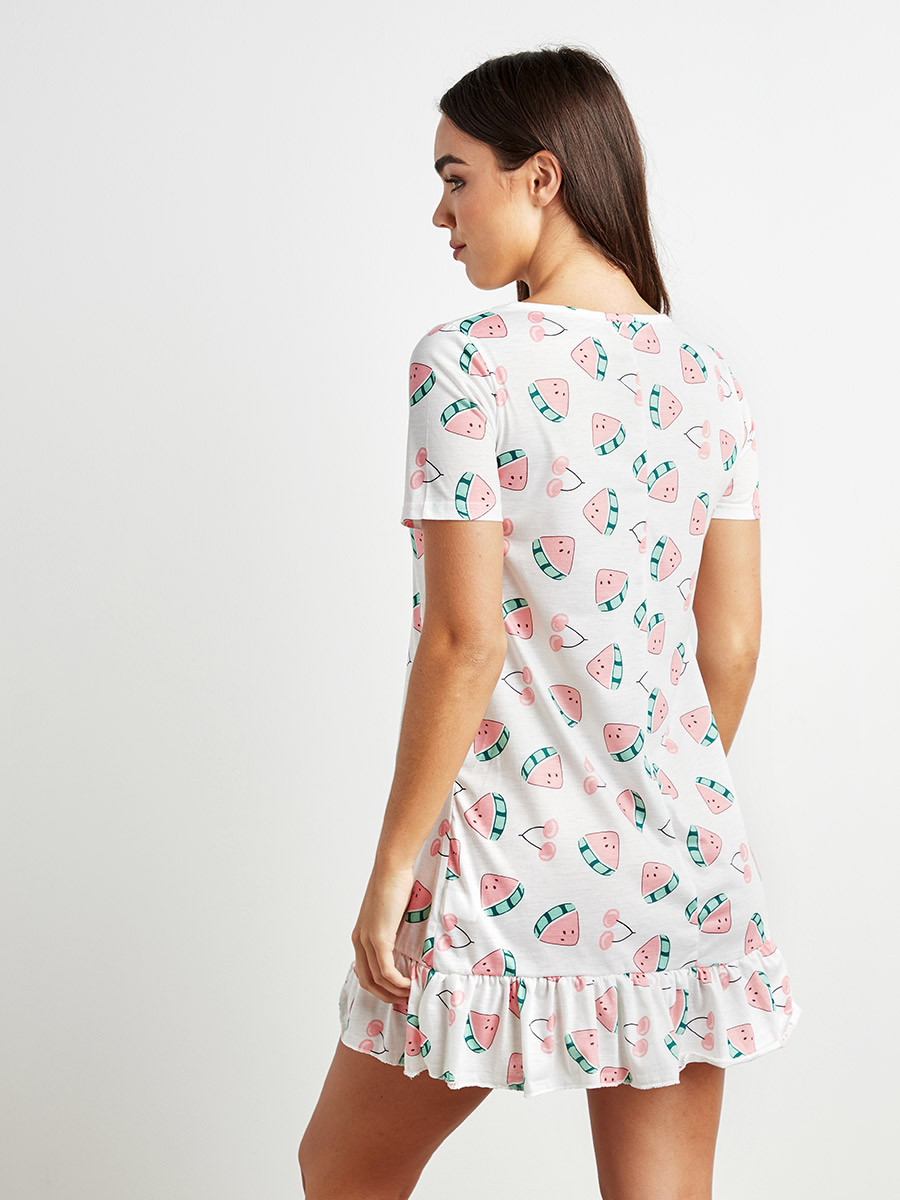 Styli Printed Sleep Dress with Ruffle Detail and Short Sleeves-women-clothing-nightwear-nighties-image-1