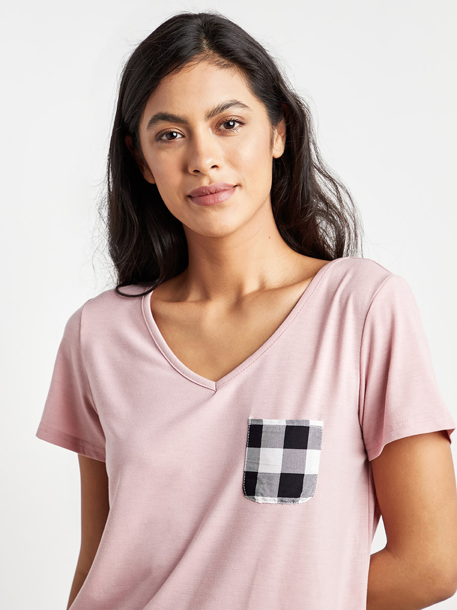 طقم بيجاما تيشيرت وبنطلون مضلع من ستايلي-women-clothing-nightwear-pyjamas-longsets-image-5