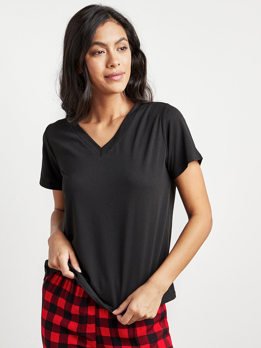 Styli Plain T-shirt and Checked 3/4 Pyjama Set-women-clothing-nightwear-pyjamas-longsets-image-3