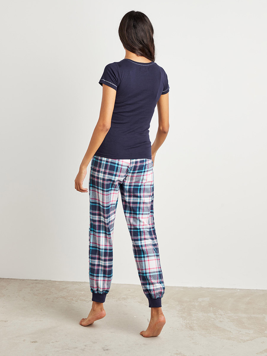 Styli Round Neck T-shirt with Check Pyjama Set-women-clothing-nightwear-pyjamas-longsets-image-2