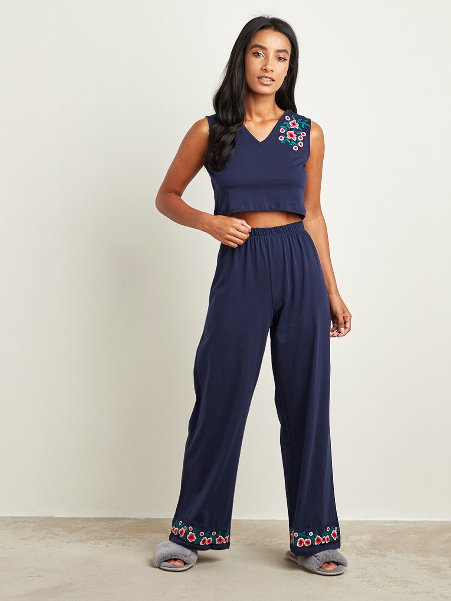 Styli Embroidered Trim Crop Top and Wide Leg Pyjama Set-women-clothing-nightwear-pyjamas-bottoms-image-1