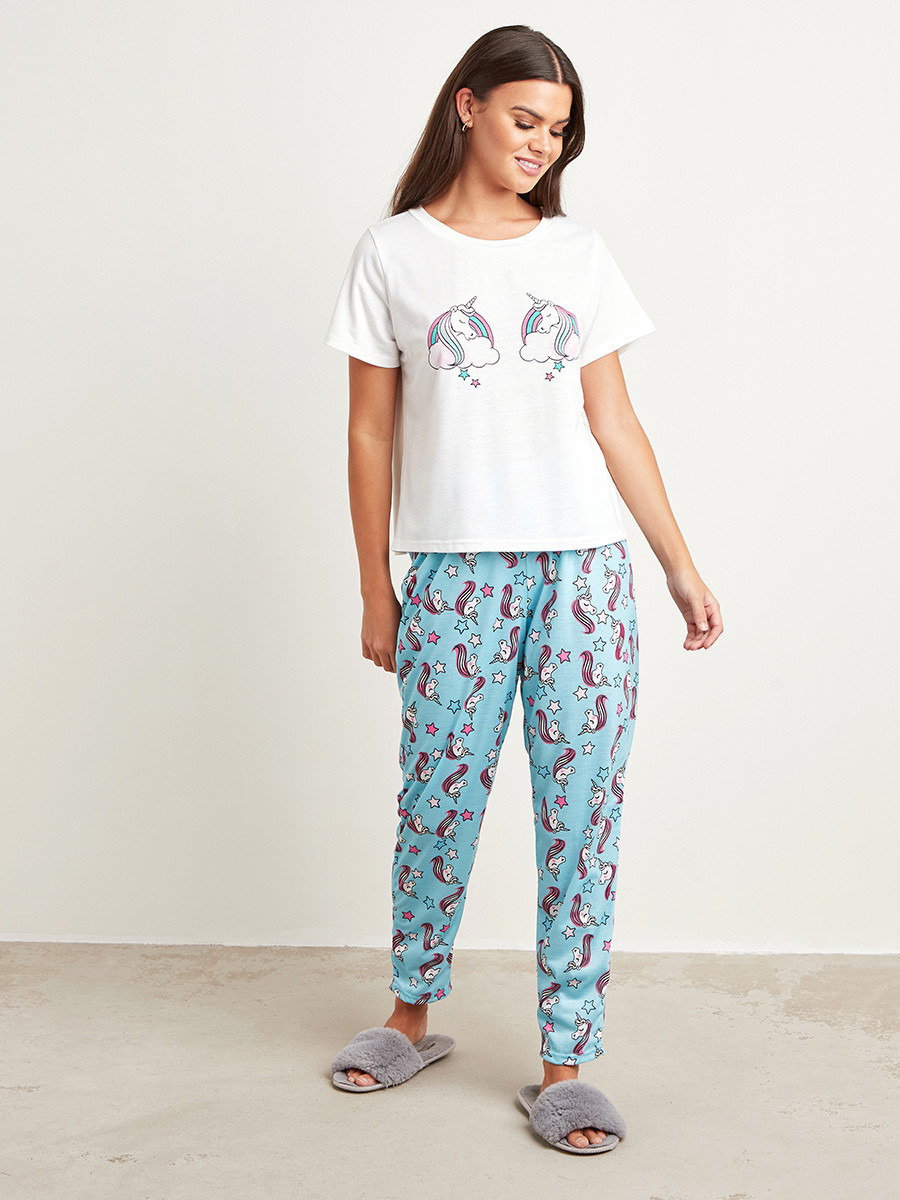 Styli Unicorn Printed Short Sleeves T-shirt and Full Length Pyjama Set-women-clothing-nightwear-pyjamas-longsets-image-1