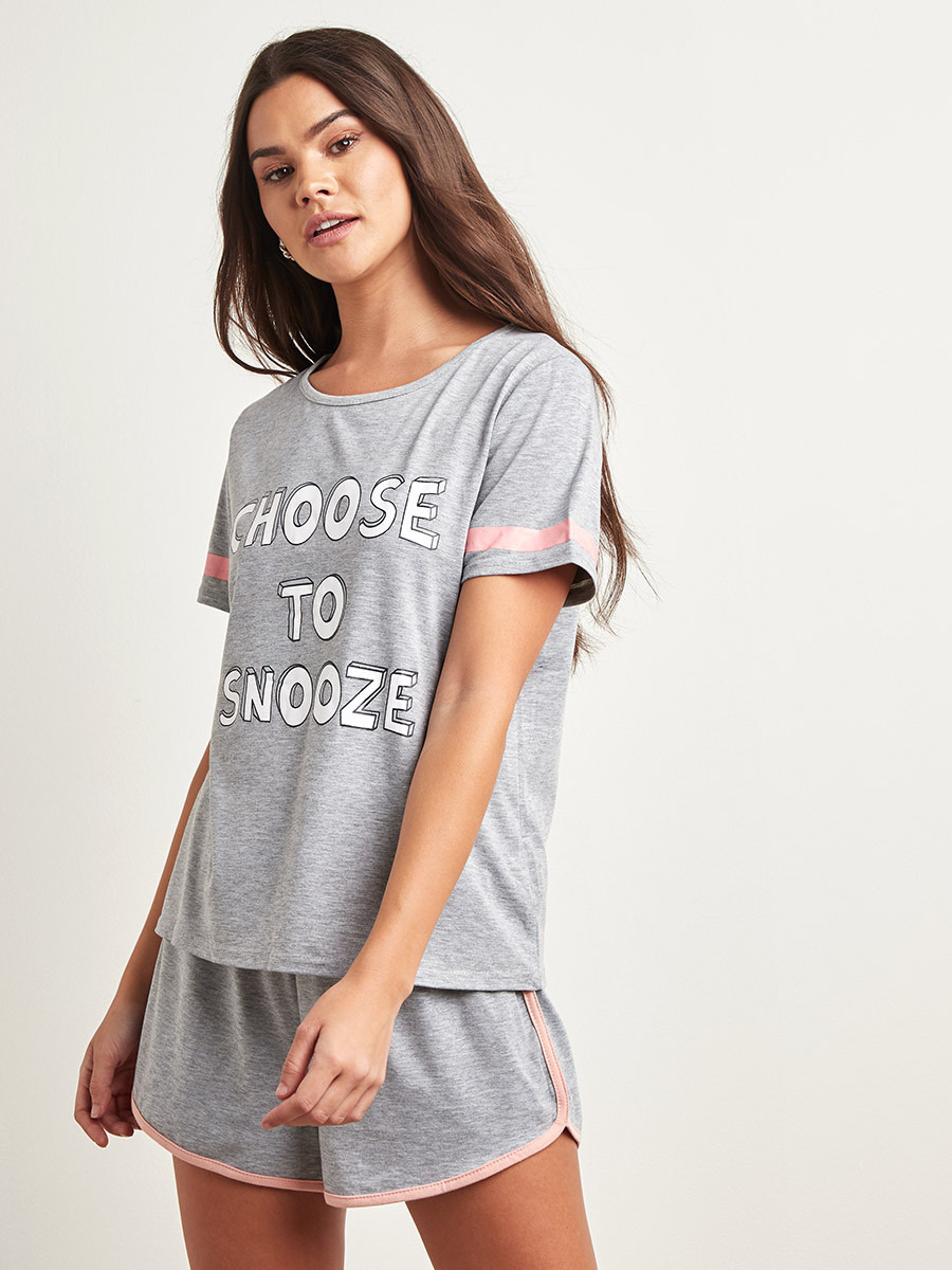 Styli Choose To Snooze Printed T-shirt and Contrast Trim Shorts Set-women-clothing-nightwear-pyjamas-bottoms-image-2