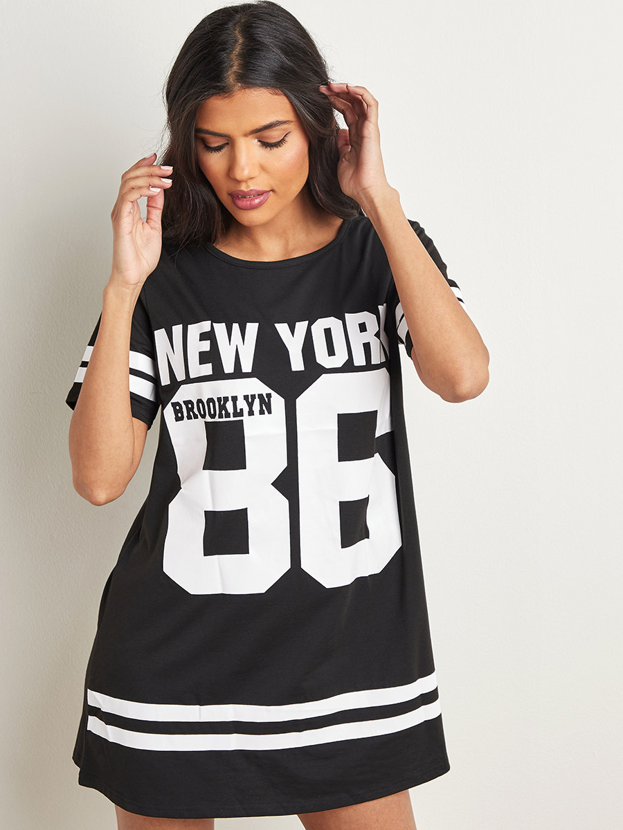 Styli New York Print Striped Sleeves Sleep T-shirt Dress-women-clothing-nightwear-nighties-image-1