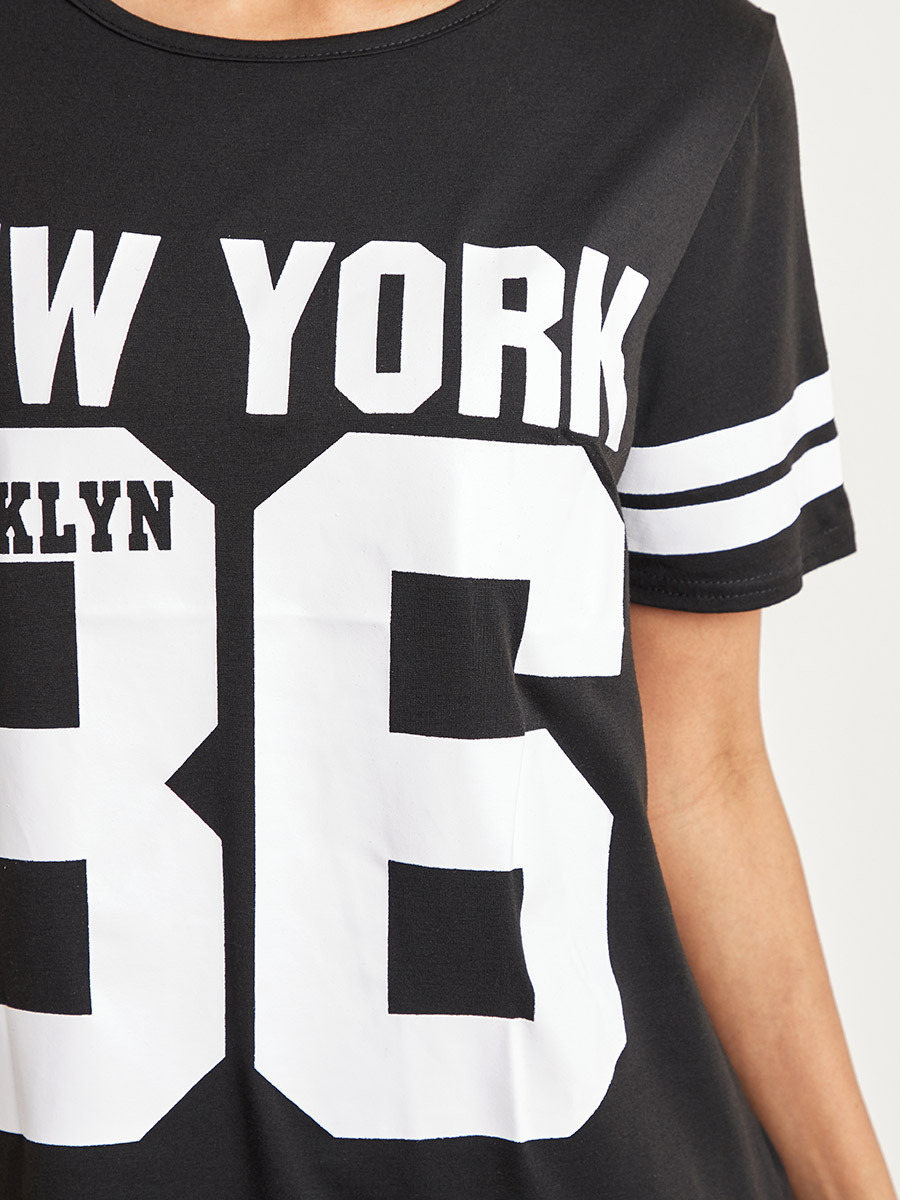 Styli New York Print Striped Sleeves Sleep T-shirt Dress-women-clothing-nightwear-nighties-image-4