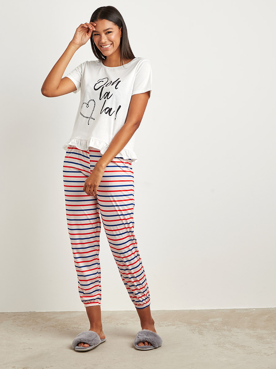Styli Slogan Printed Ruffle Hem T-shirt and Pyjama Set-women-clothing-nightwear-pyjamas-bottoms-image-1