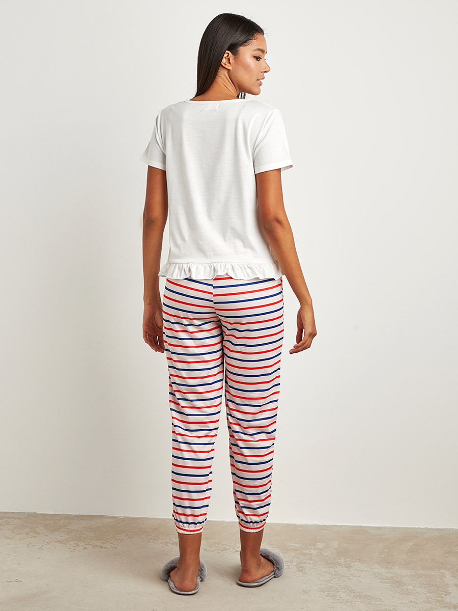 Styli Slogan Printed Ruffle Hem T-shirt and Pyjama Set-women-clothing-nightwear-pyjamas-bottoms-image-2