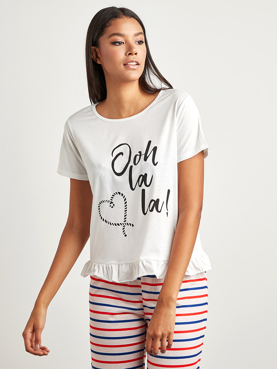 Styli Slogan Printed Ruffle Hem T-shirt and Pyjama Set-women-clothing-nightwear-pyjamas-bottoms-image-3