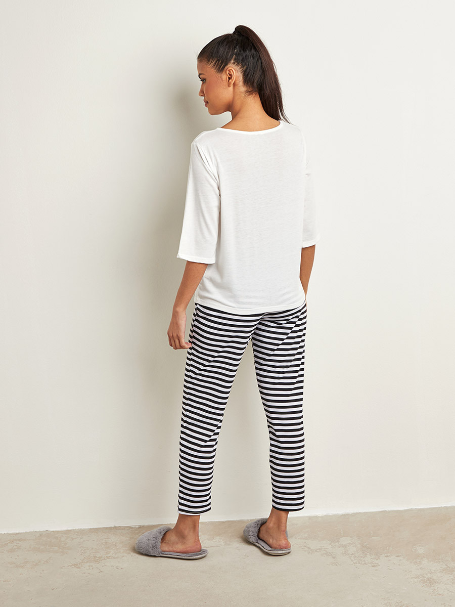 Styli Good Vibes Printed T-shirt and Striped Pyjama Set-women-clothing-nightwear-pyjamas-longsets-image-3