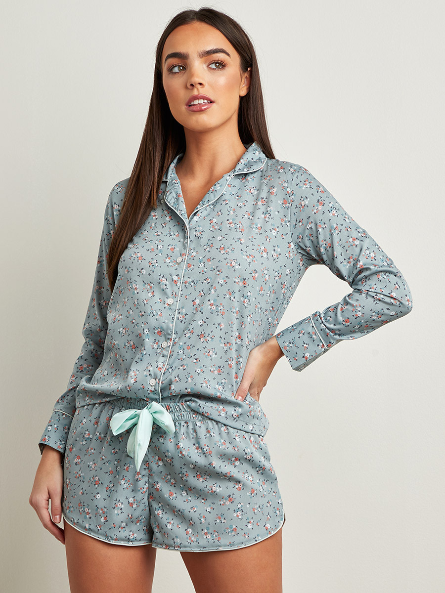 Styli Ditsy Floral Print Shirt and Bow Detail Short Set-women-clothing-nightwear-pyjamas-longsets-image-1