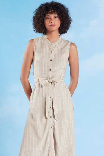 Lee Cooper Striped Midi Sleeveless A-line Dress with Tie Ups Pocket Detail