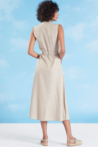 Lee Cooper Striped Midi Sleeveless A-line Dress with Tie Ups Pocket Detail