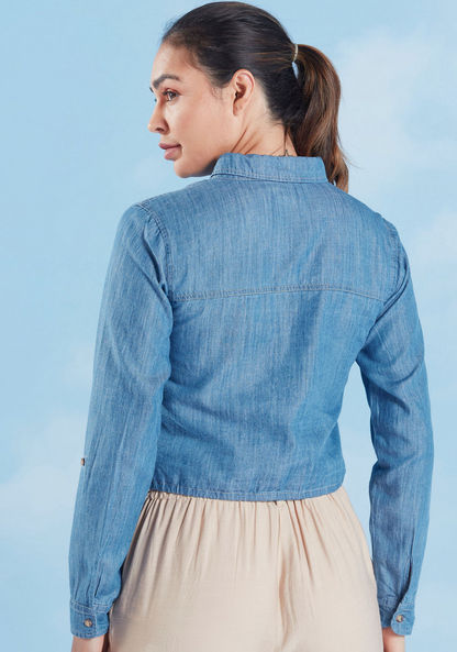 Lee Cooper Plain Denim Crop Top with Spread Collar and Long Sleeves
