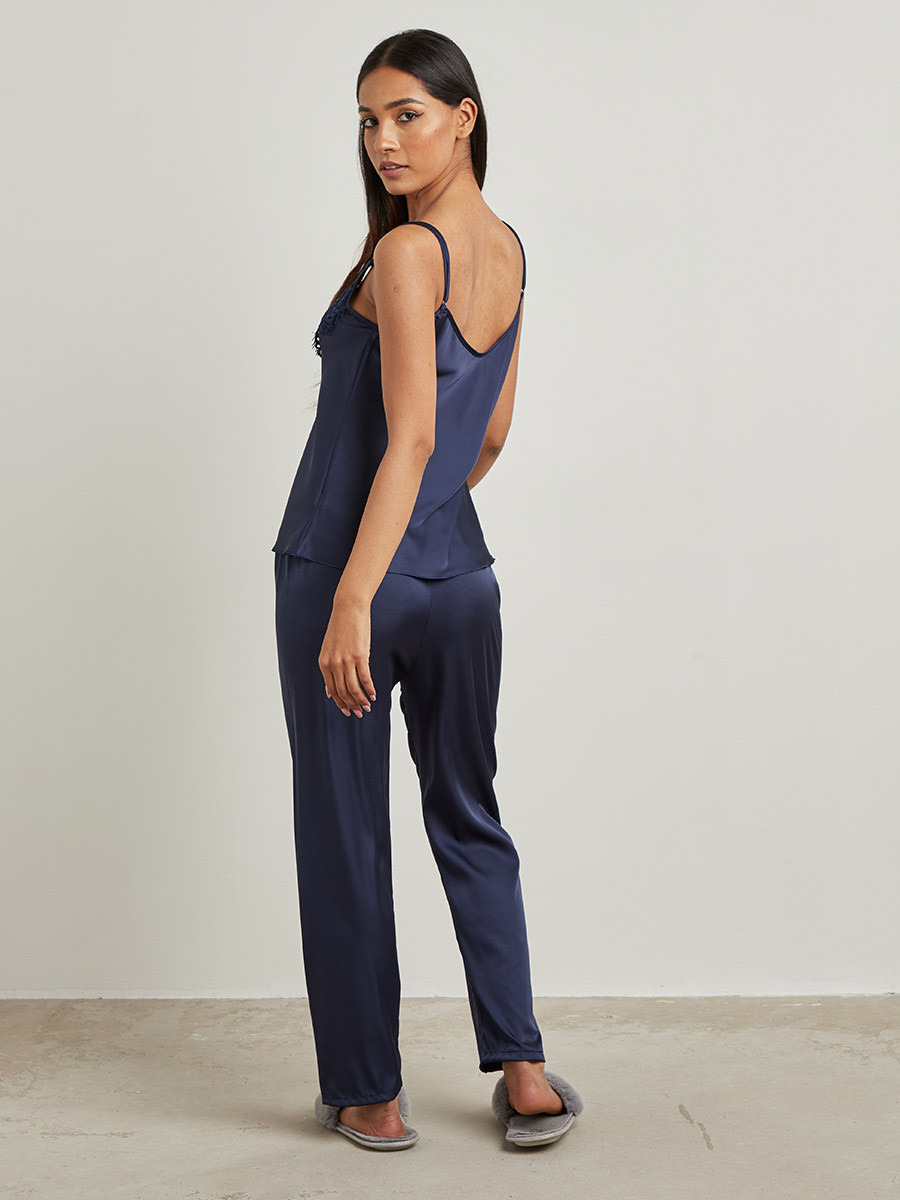 Styli Eyelash Lace Trim Detail Cami Top and Pyjama Set-women-clothing-nightwear-pyjamas-longsets-image-2