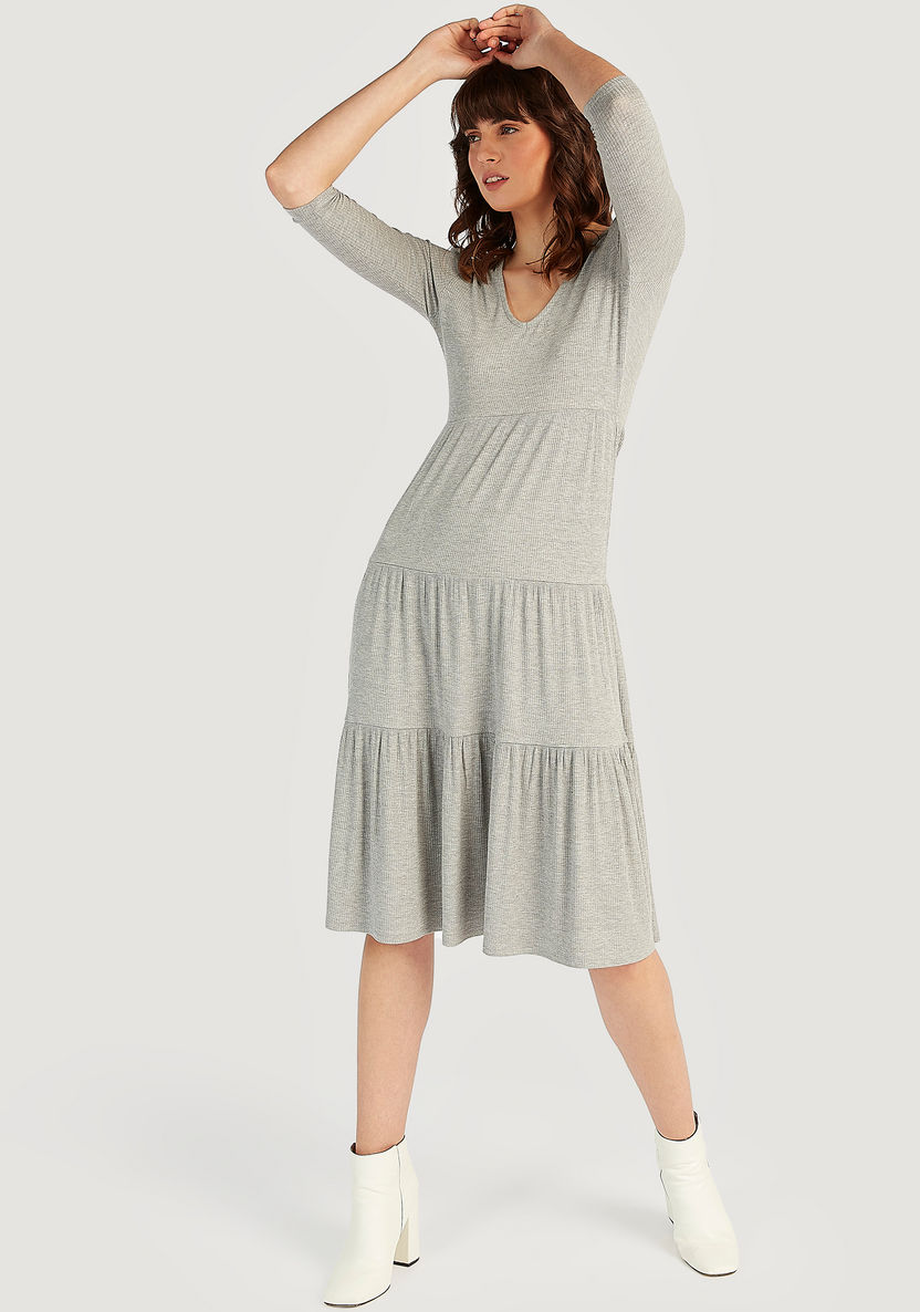 Lee Cooper Textured Midi A-line Dress with Short Sleeves and V-neck-Dresses-image-1