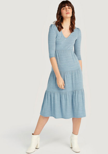 Lee Cooper Textured Midi A-line Dress with Short Sleeves and V-neck-Dresses-image-0