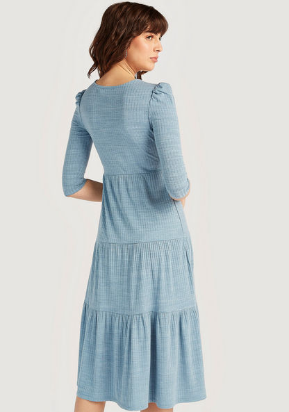 Lee Cooper Textured Midi A-line Dress with Short Sleeves and V-neck-Dresses-image-3