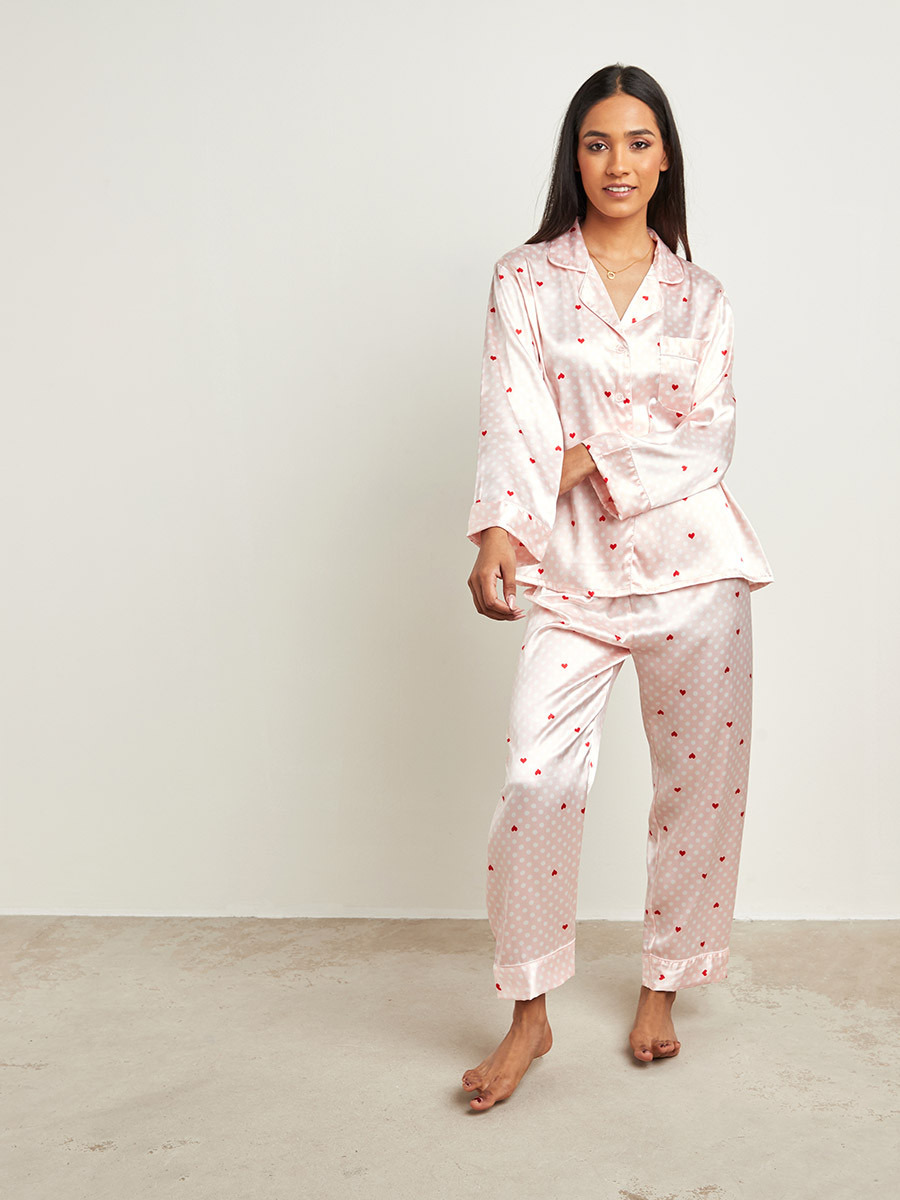 Styli Heart Spot Print Button Through Shirt and Pyjama Set-women-clothing-nightwear-pyjamas-longsets-image-1