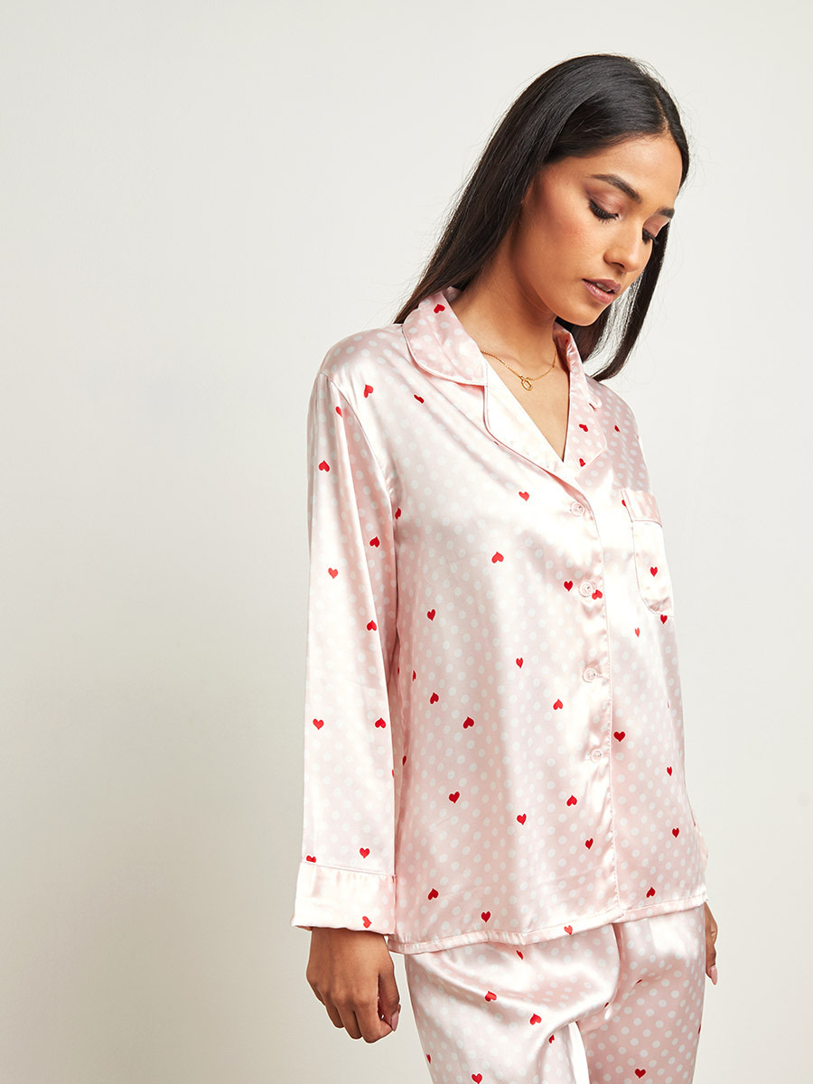 Styli Heart Spot Print Button Through Shirt and Pyjama Set-women-clothing-nightwear-pyjamas-longsets-image-2