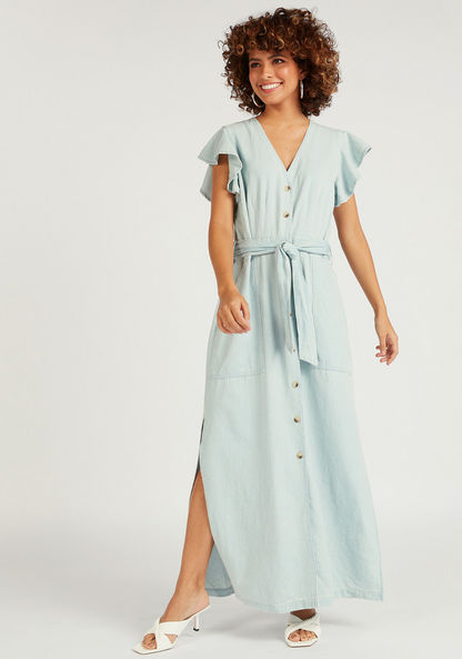 Lee Cooper Solid Maxi Shirt Dress with Tie-Up and Pockets