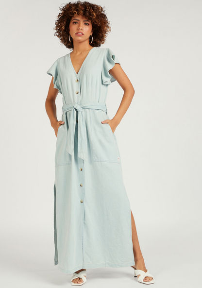 Lee Cooper Solid Maxi Shirt Dress with Tie-Up and Pockets-Dresses-image-1