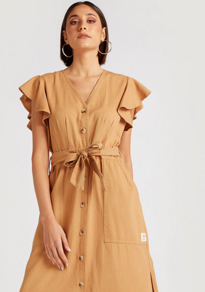 Lee Cooper Solid Maxi Shirt Dress with Tie-Up and Pockets
