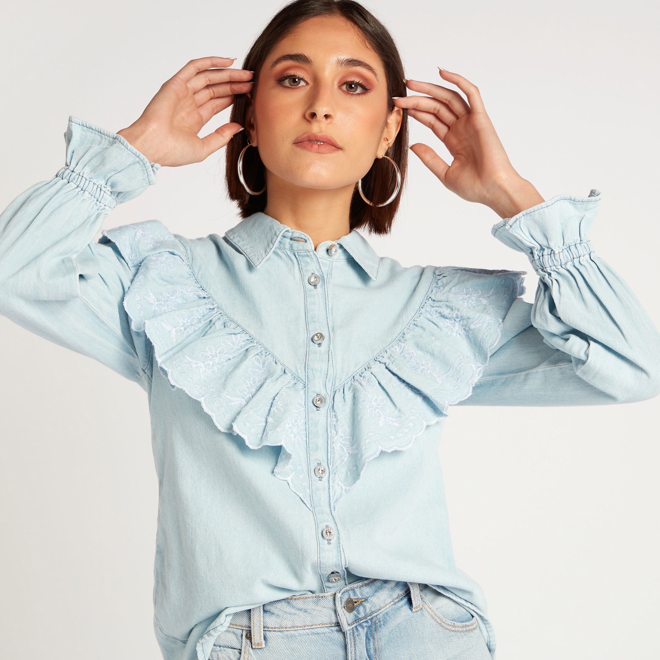 Frilled hot sale denim shirt