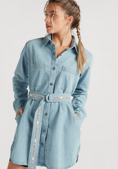 Lee Cooper Mini Shirt Dress with Belt and Long Sleeves