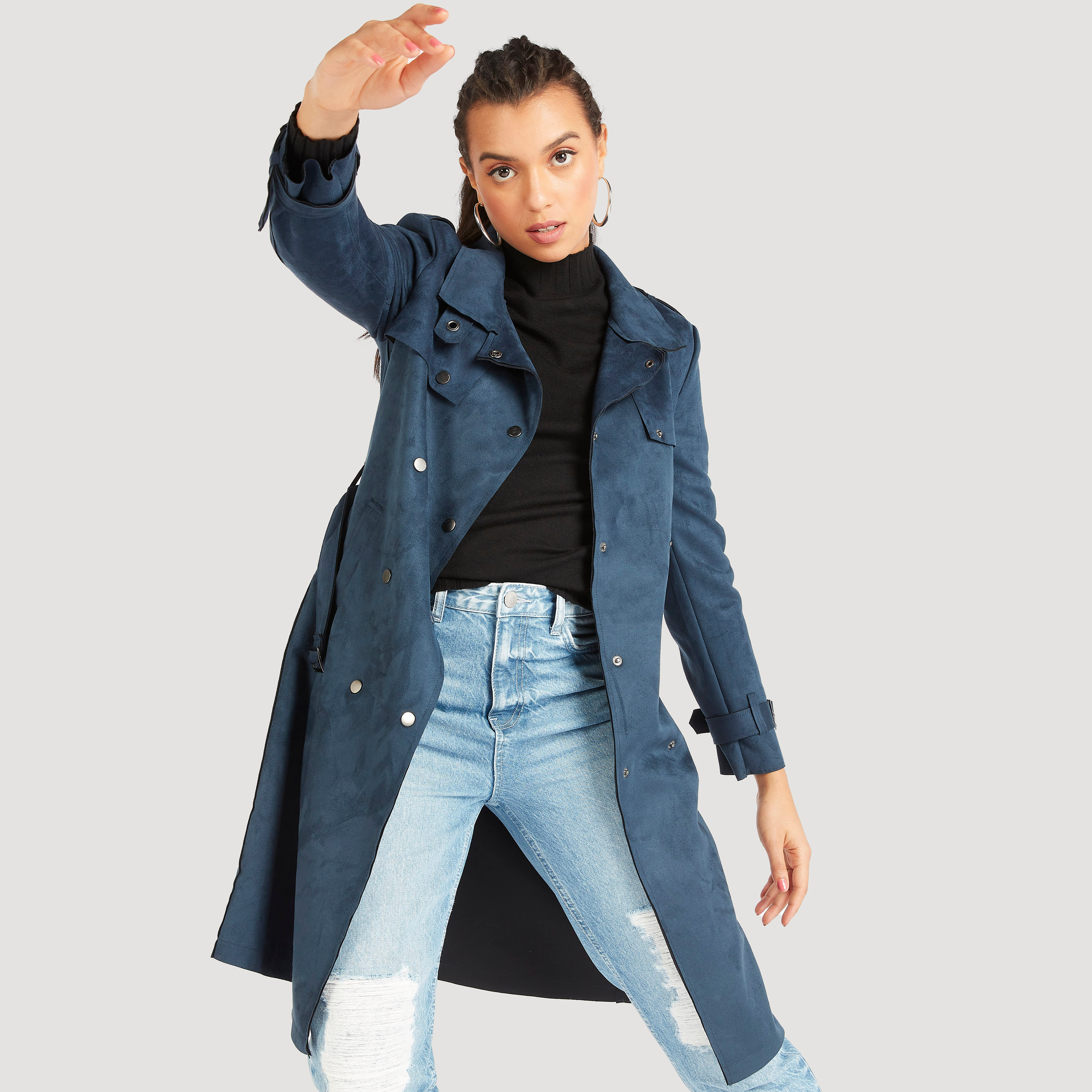 Shop Lee Cooper Textured Trench Coat with Long Sleeves Online Splash UAE