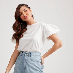 Lee Cooper Solid Top with Crew Neck and Puff Sleeves