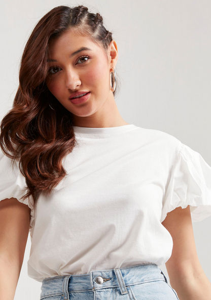 Lee Cooper Solid Top with Crew Neck and Puff Sleeves-T Shirts-image-2
